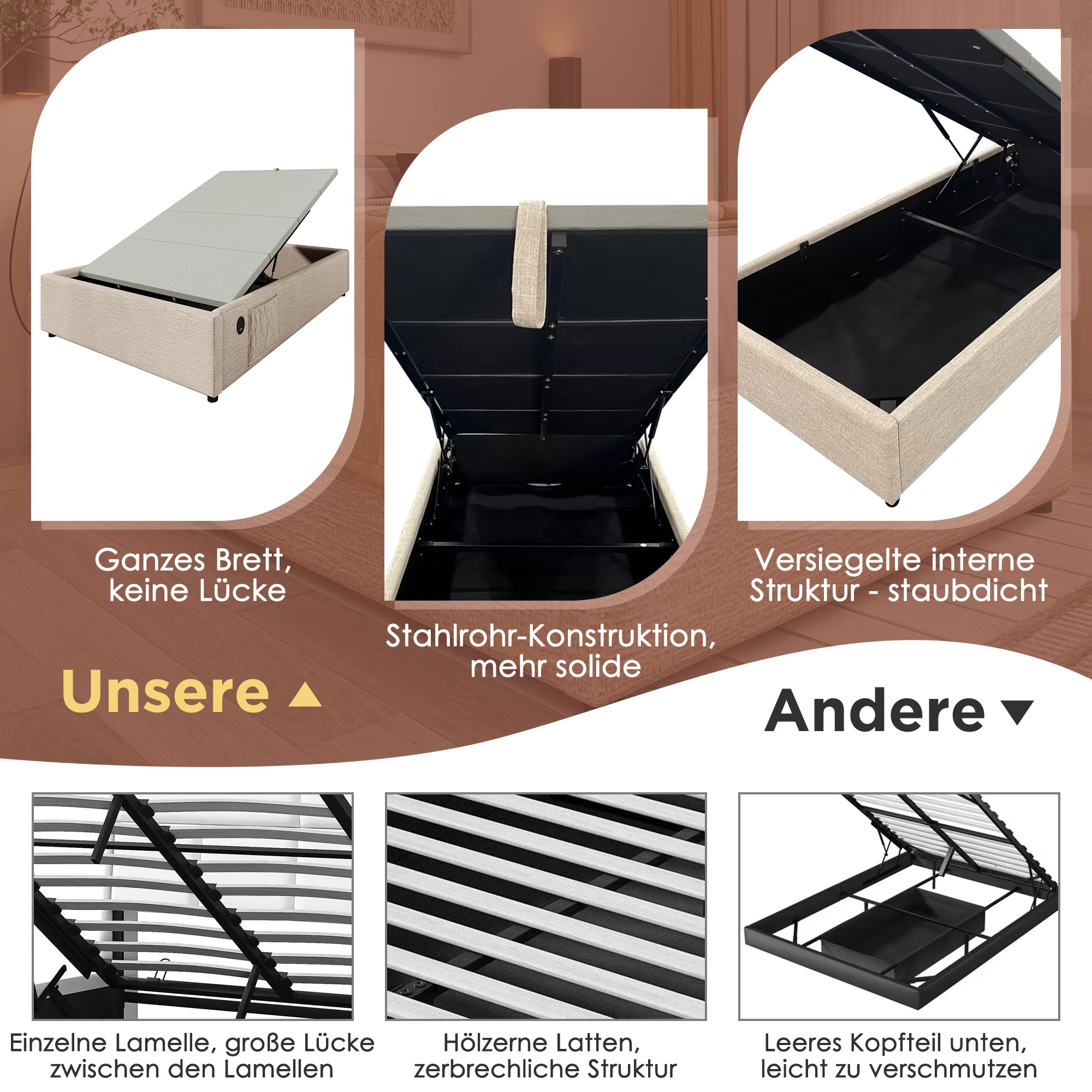 Upholstered Single Bed, 90x190 cm with USB-C and Slatted Frame, Natural Linen