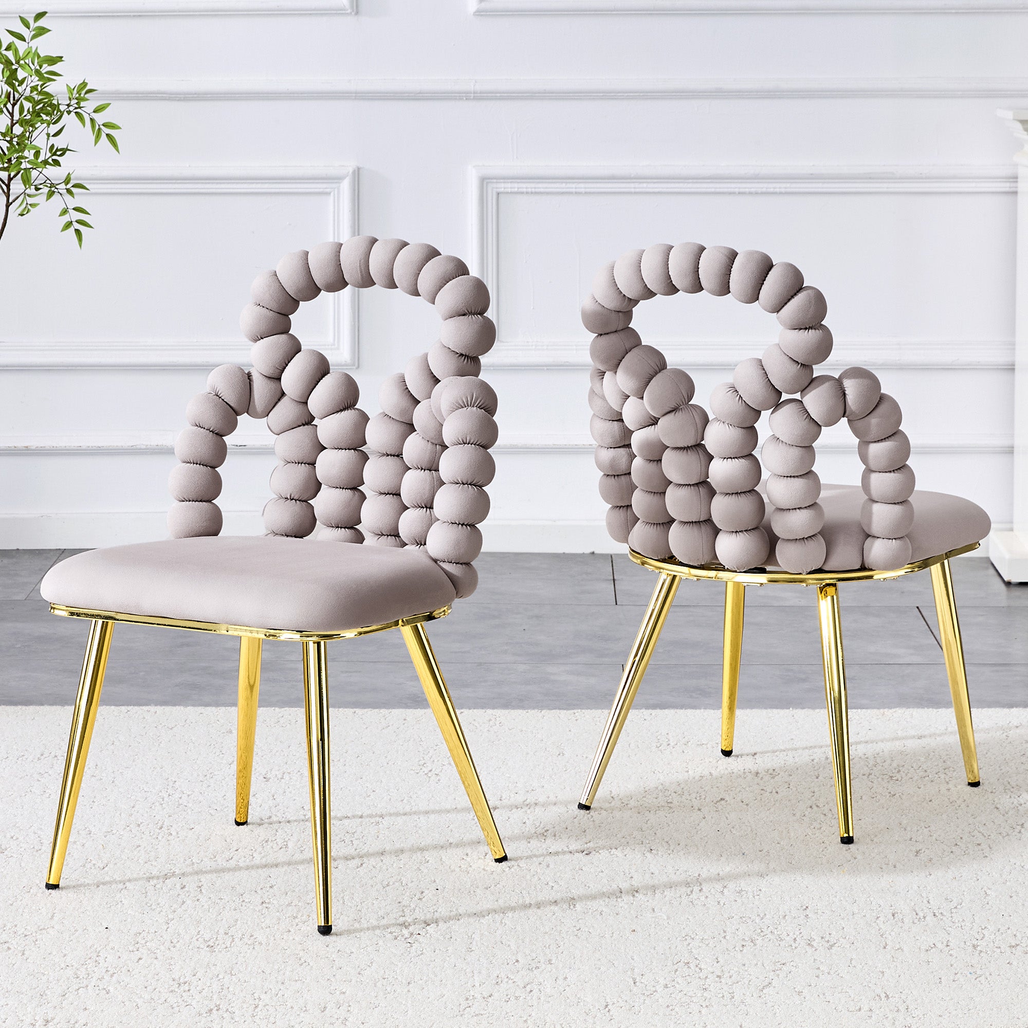 Dining Chairs, Set of 2 Ball Chain Backrests Sturdy Gold-Plated Metal Legs, Light Grey Velvet