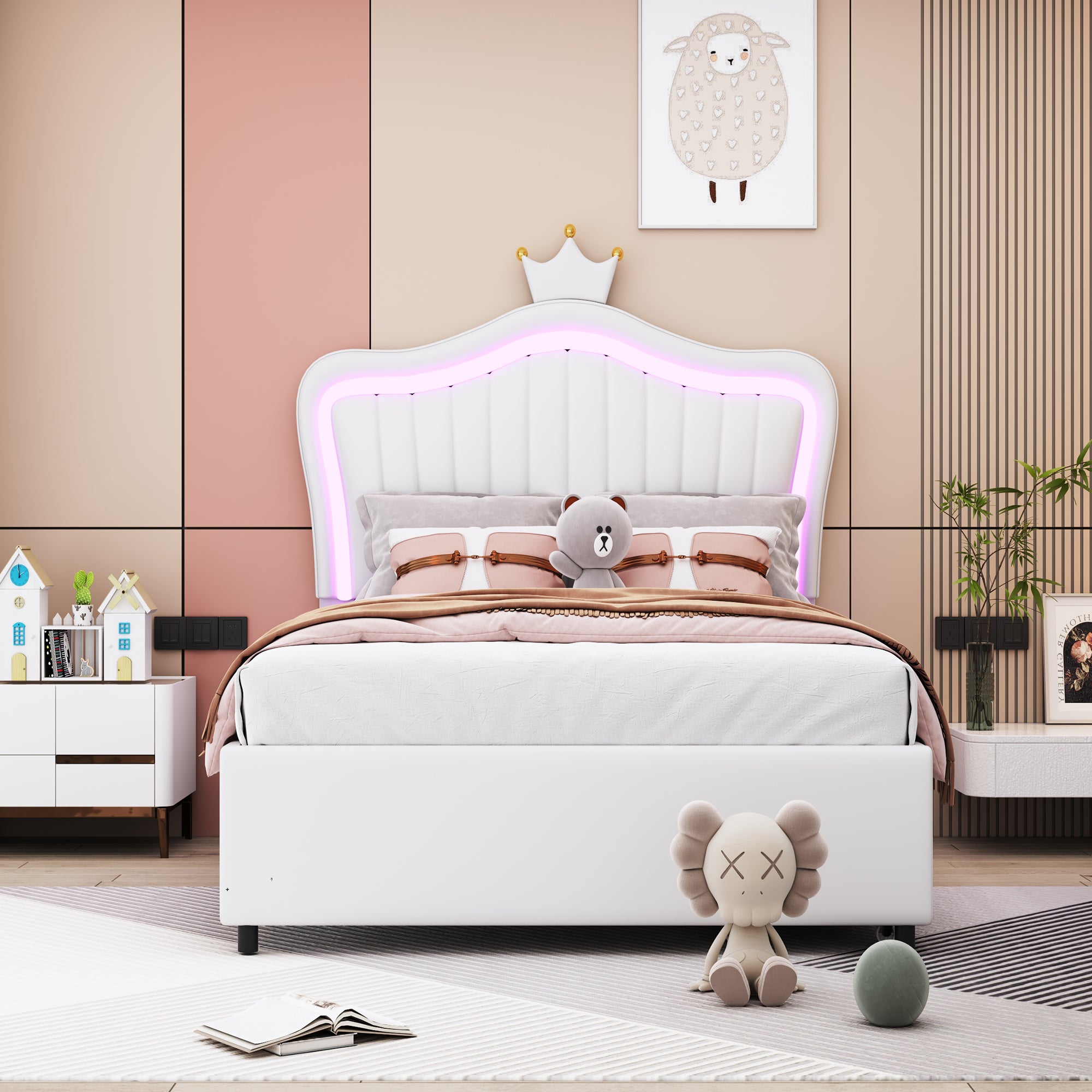 Children's Bed Upholstered Single Crown Girl's with Storage Drawers & LED Lights, White PU Leather