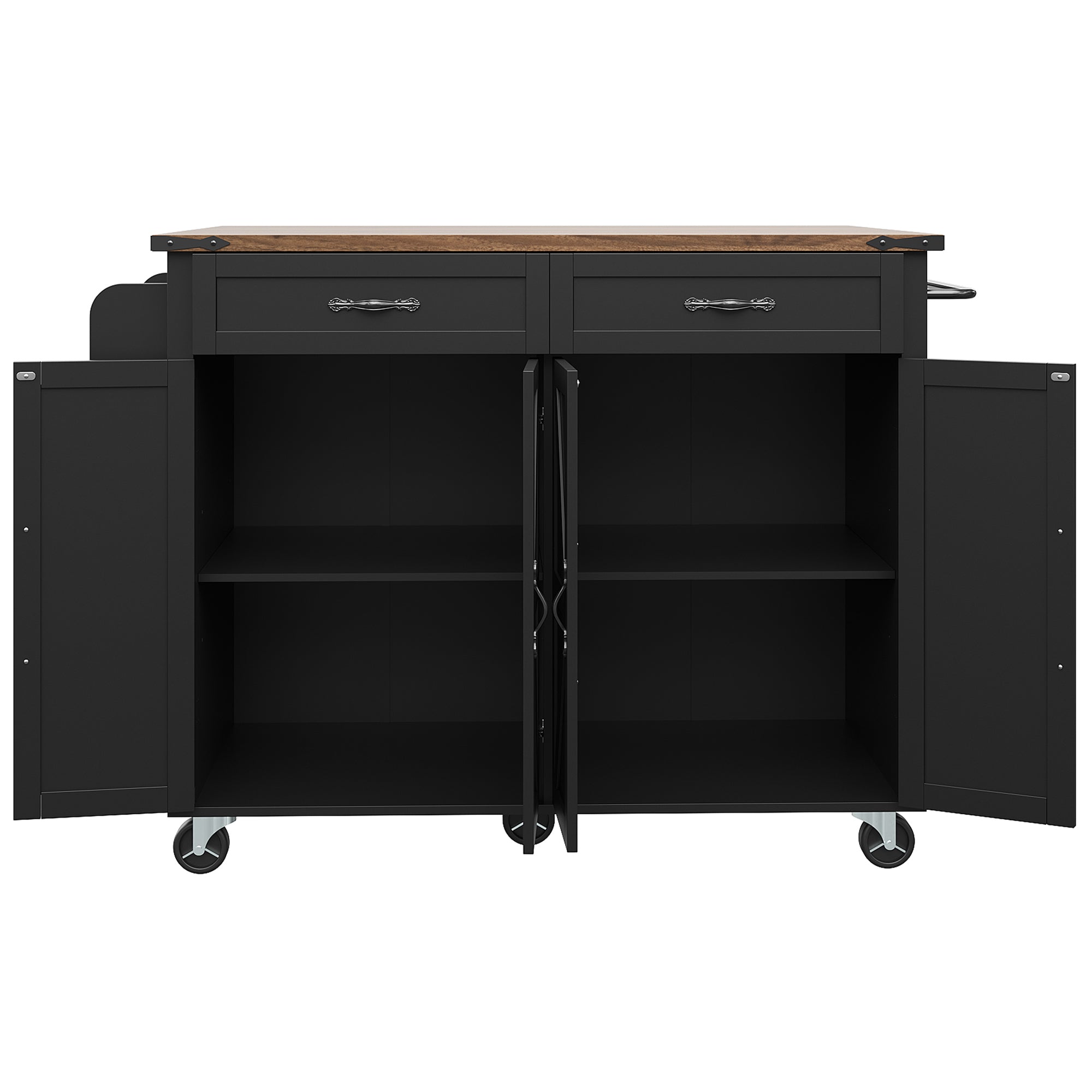 Kitchen Island Serving Trolley with Pull-out Worktop 4 Doors 2 Drawers Wood Grain Finish Black