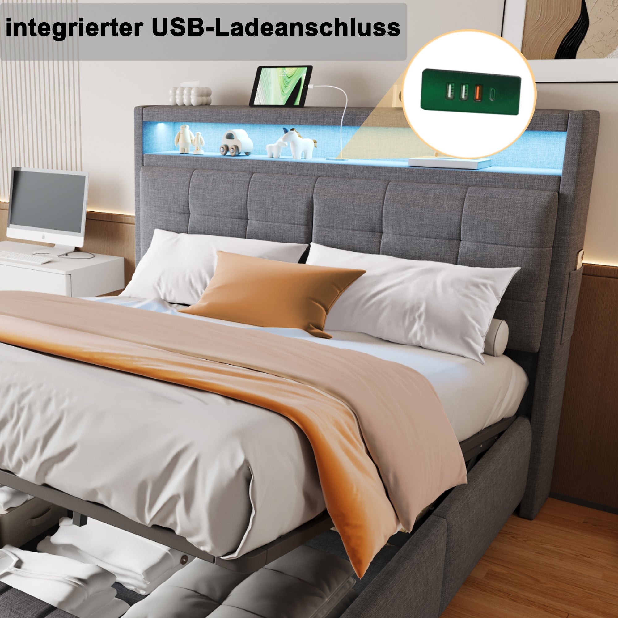 Upholstered Bed 160x200 cm, LED Lighting, USB Socket, Hydraulic Storage, Gray Linen