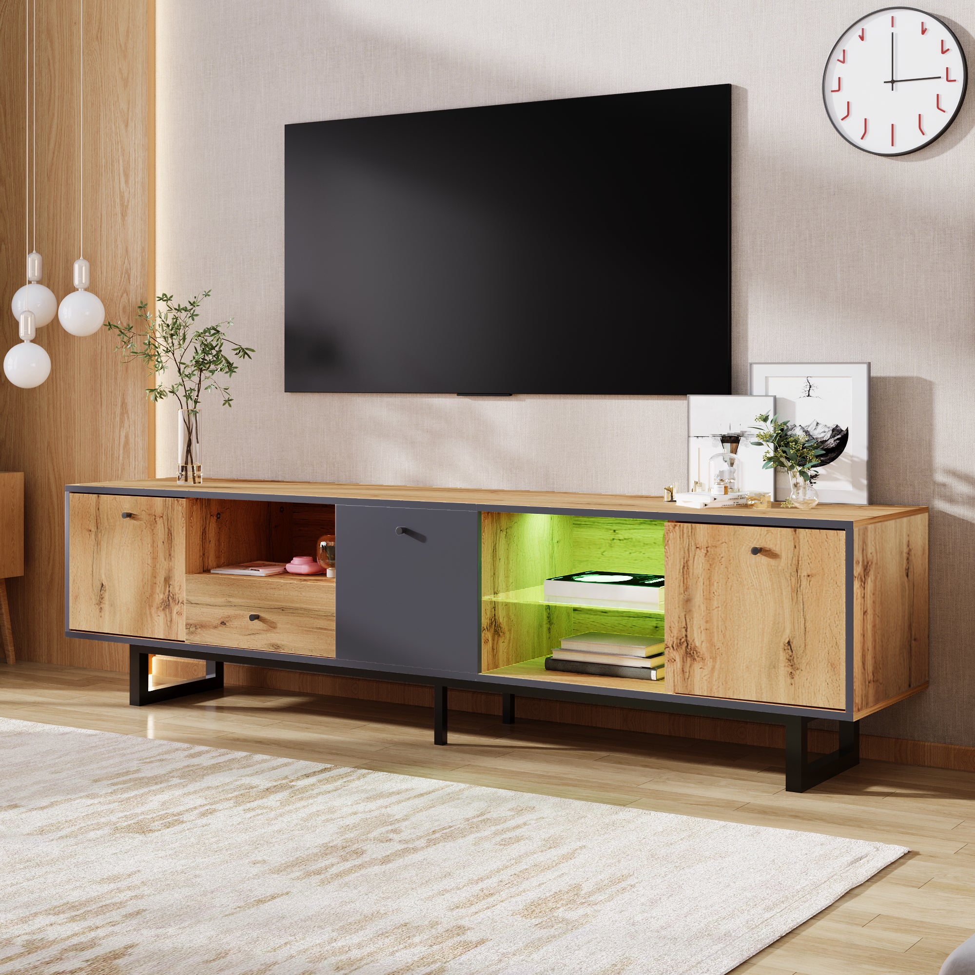 Lowboard TV Cabinet, LED Light & Glass Partition, Color-Matching Design