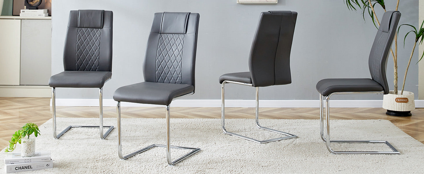 Scandinavian Dining Chairs, Mesh Back, Metal Legs, Dark Grey PU Leather