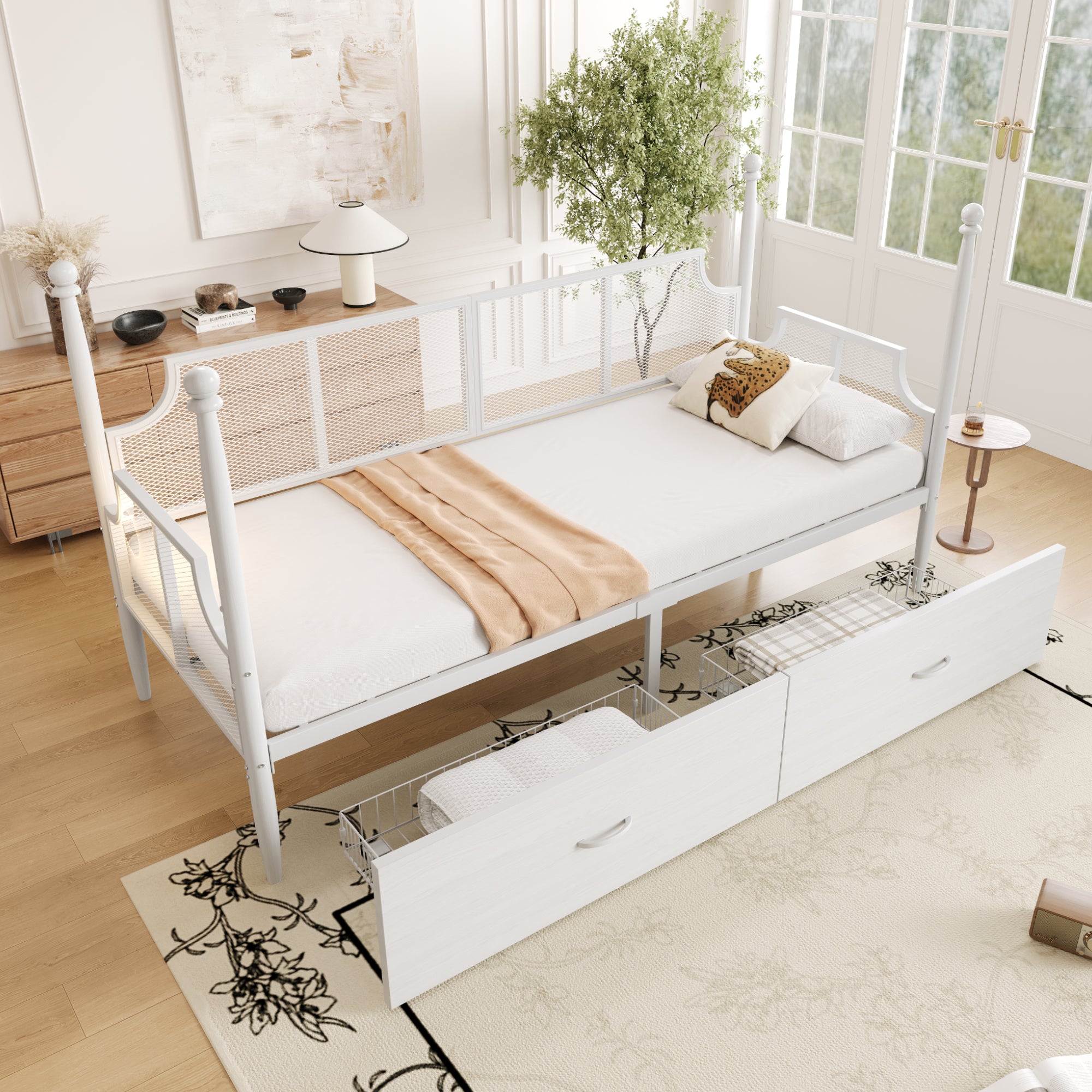 Iron Sofa Bed, 90x200 Vintage Mesh with Storage, White