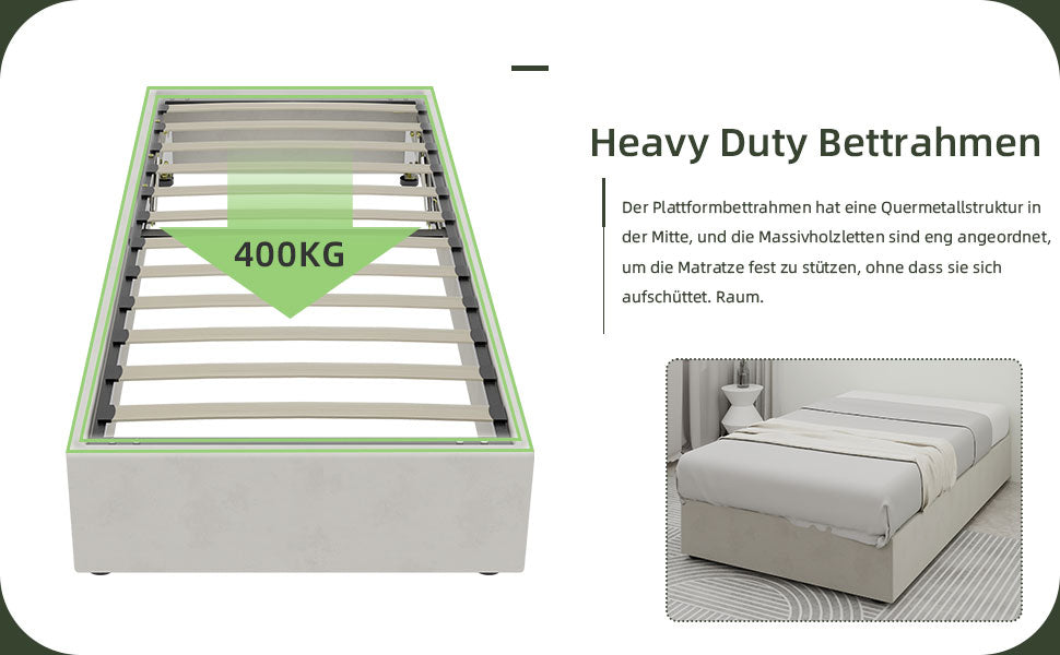 Modern Minimalist Bed Frame, 90x200 cm Gas Lift Storage, Beige Dutch Velvet