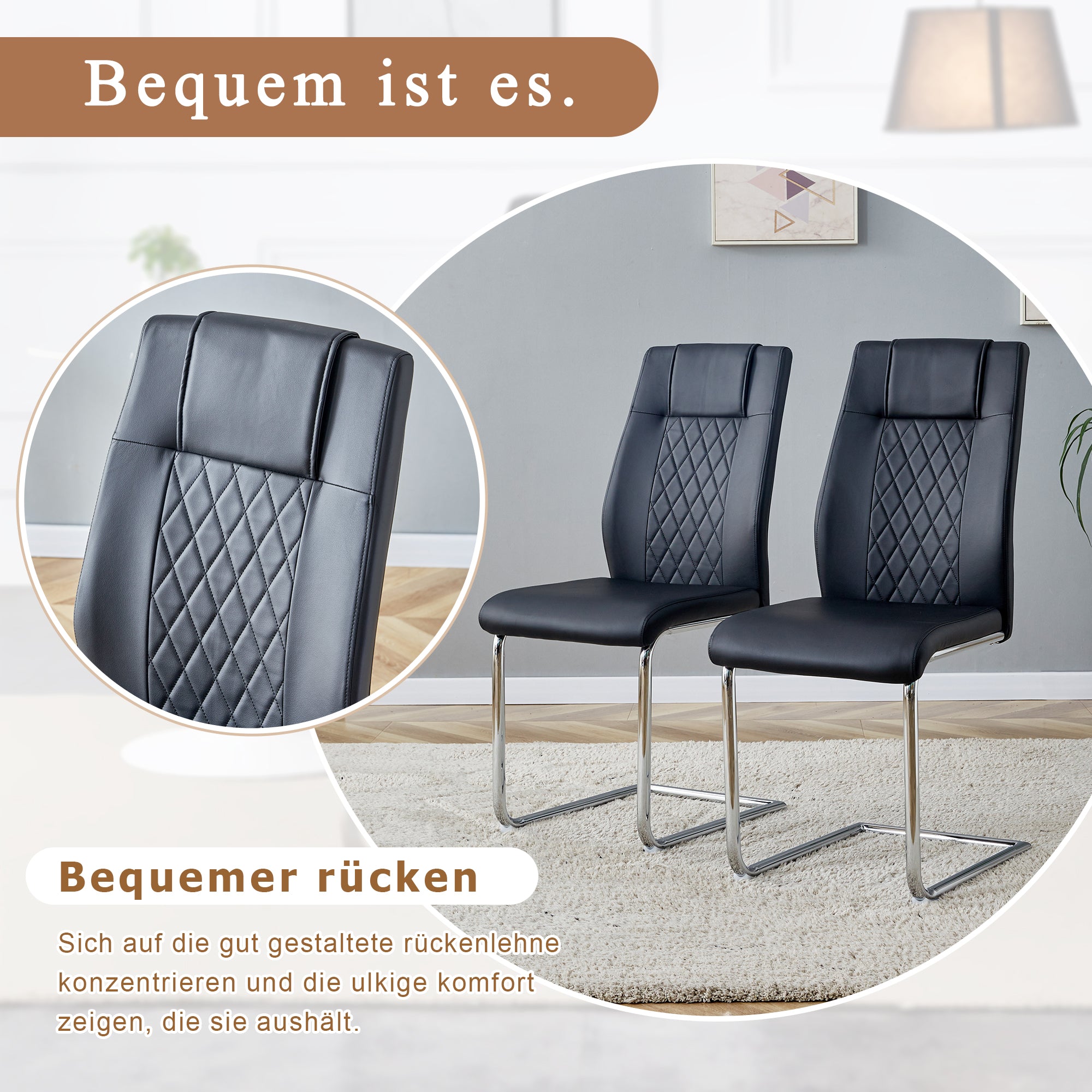 Dining Chair, Nordic Style Mesh Stitching with Silver Metal Legs, Black PU