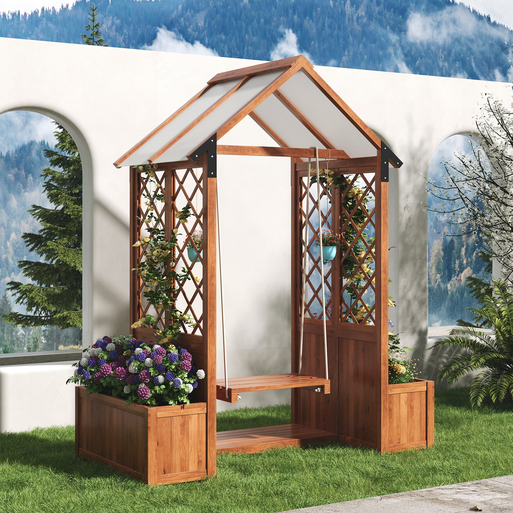 Planter with Trellis and Sunroof, Brown Solid Wood