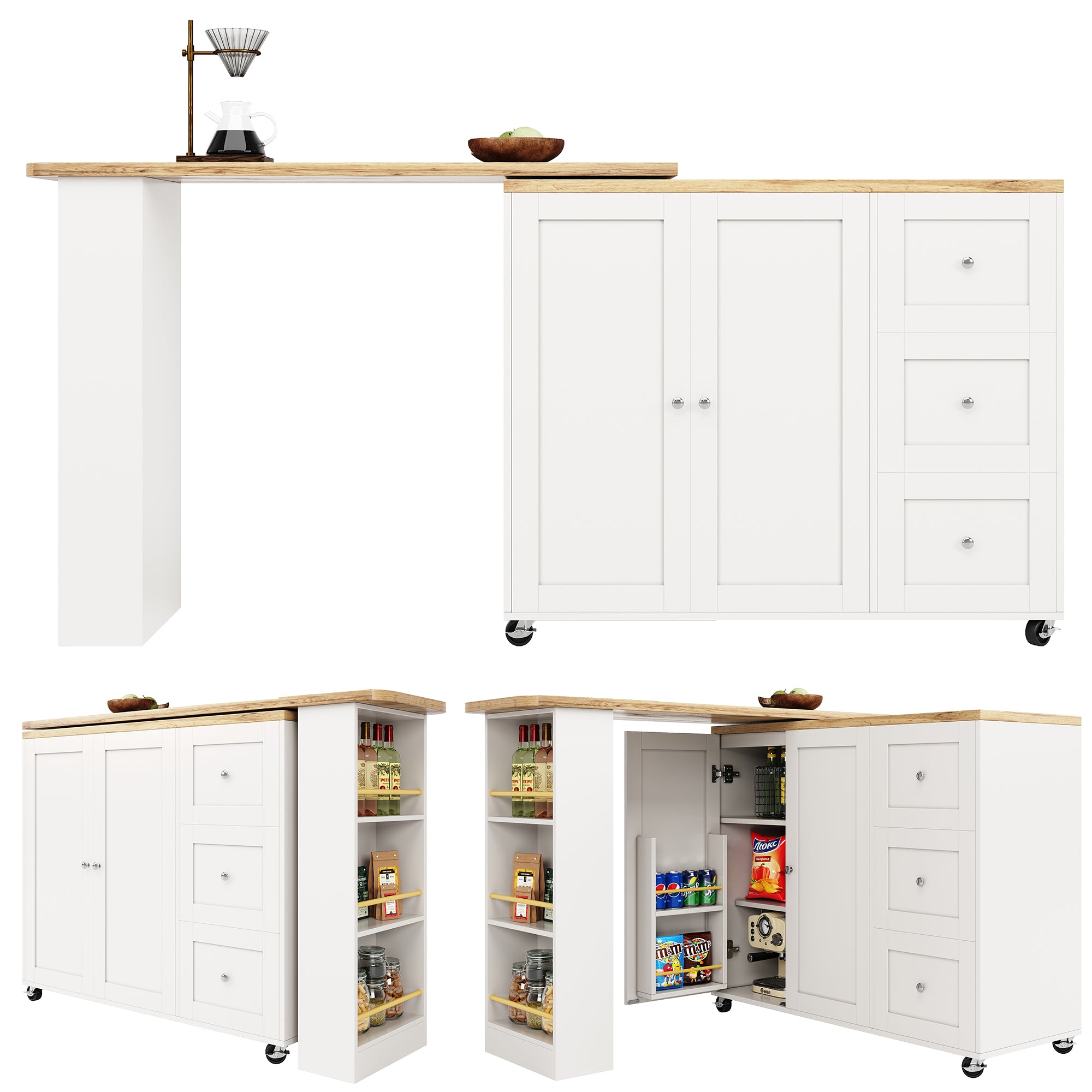 360° Rotating Bar Table Extendable Storage Island with 3 Drawers and Casters, White