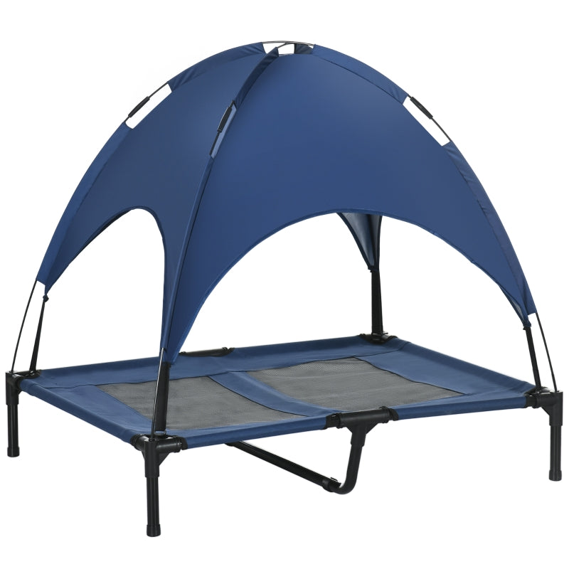 Dog Bed with Canopy, Foldable Elevated, Blue + Black