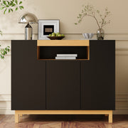 Sideboard with 3 Doors and Open Compartment, Black and Wood Finish