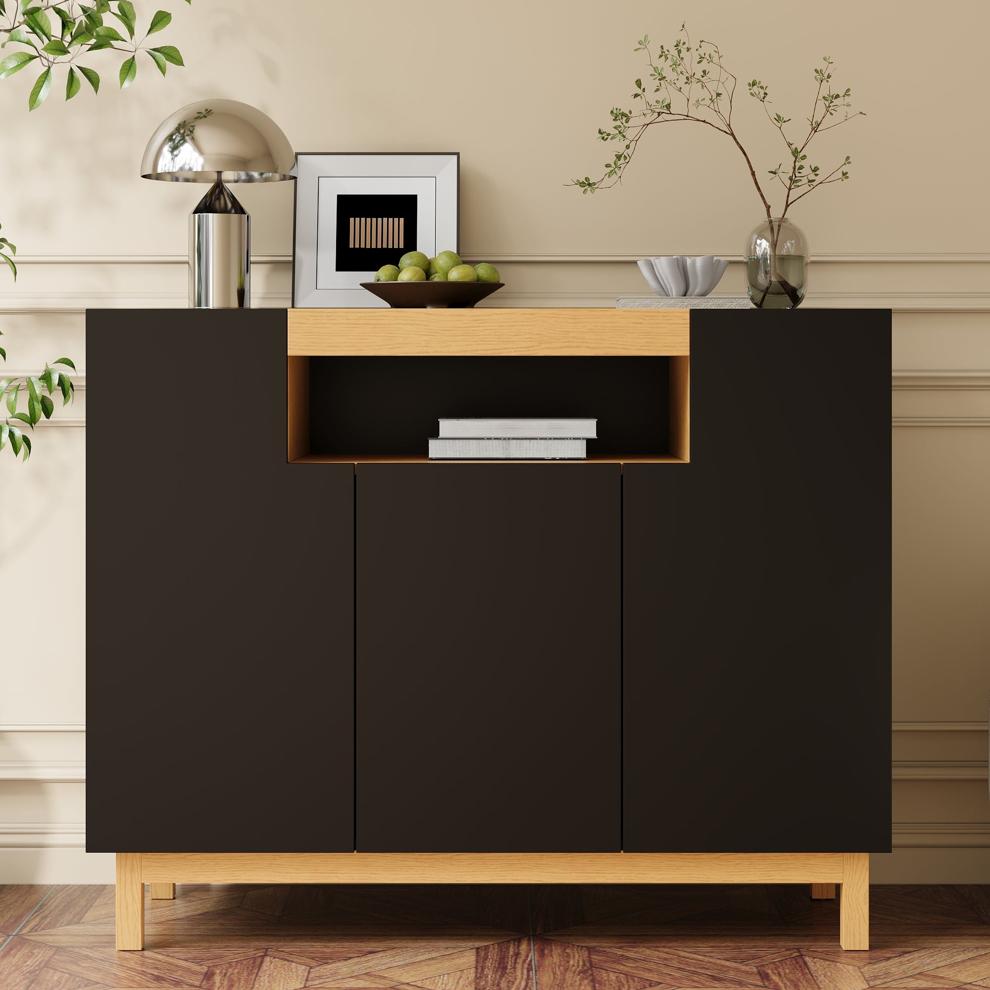 Sideboard with 3 Doors and Open Compartment, Black and Wood Finish