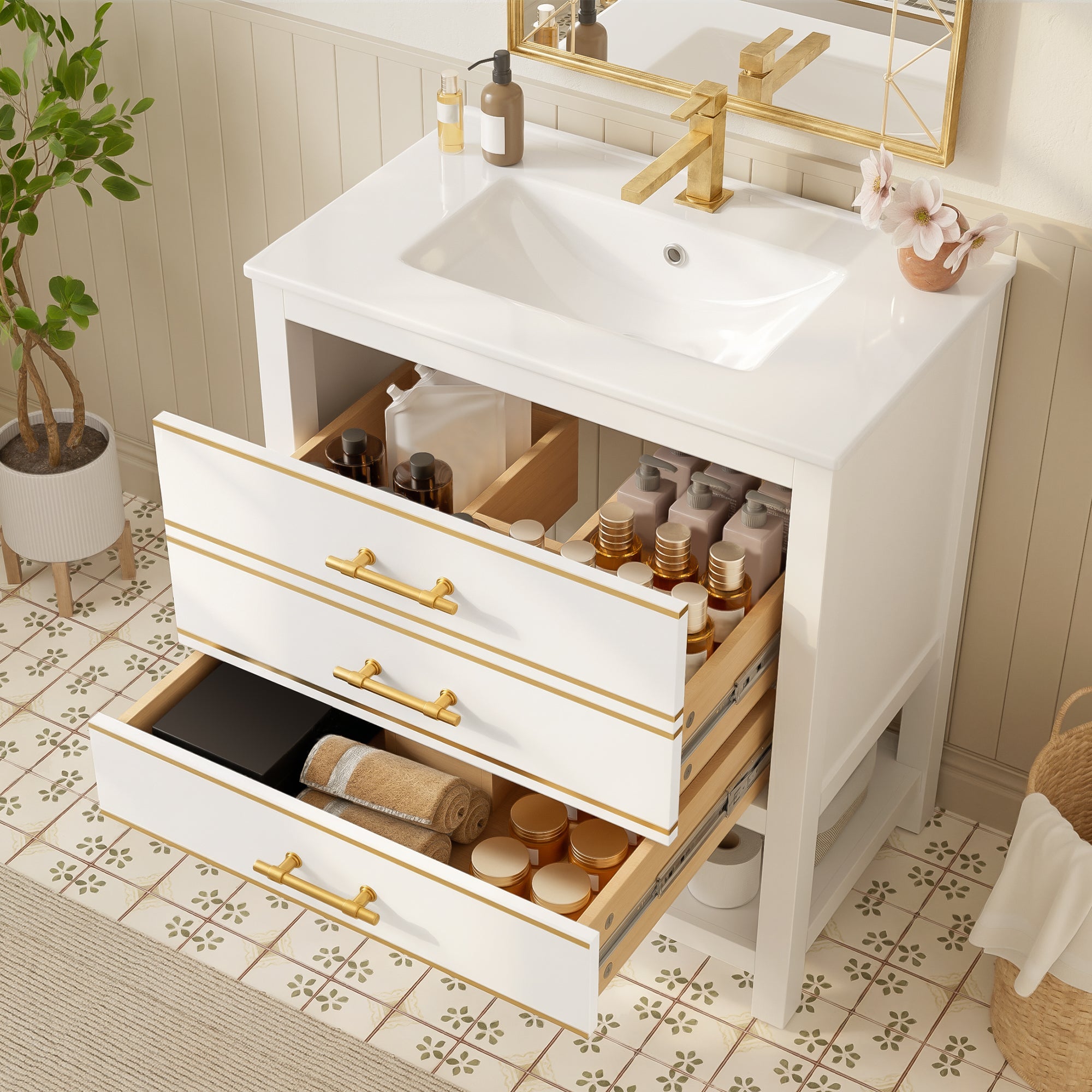 Bathroom Vanity Unit with Ceramic Basin and 2 Drawers, White and Gold