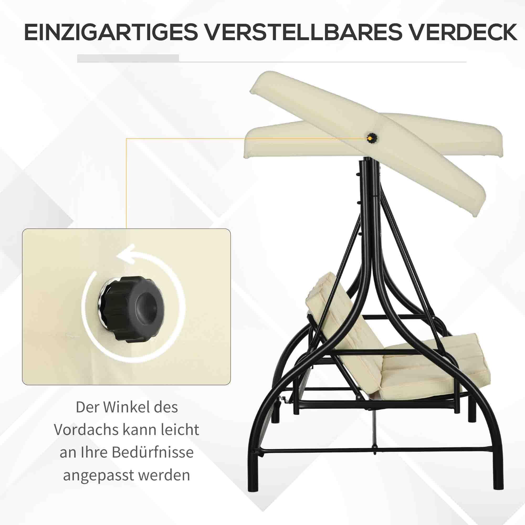 Porch Swing, 2-in-1 Reclining 3-Seater with Adjustable Sunroof, 240 kg, Beige