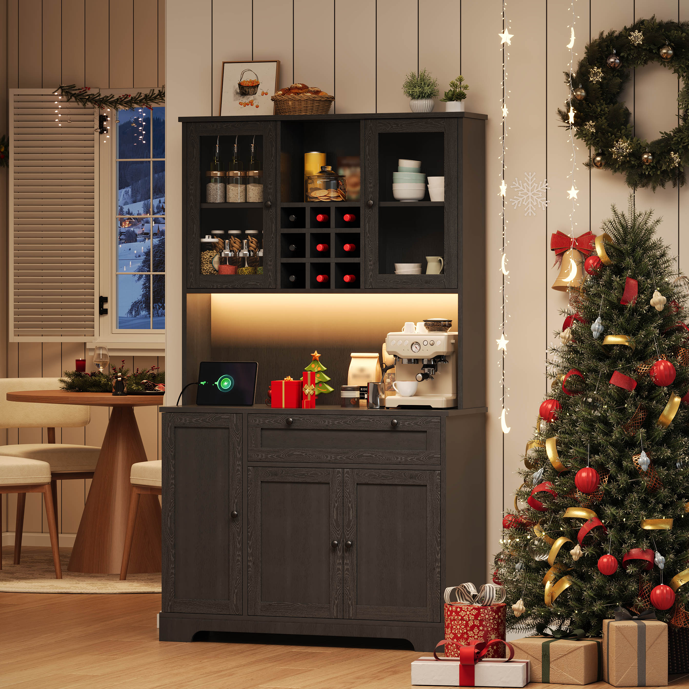 Kitchen Cabinet with LED Lighting, Power Outlet and Spice Rack, 180 x 105 x 40 cm