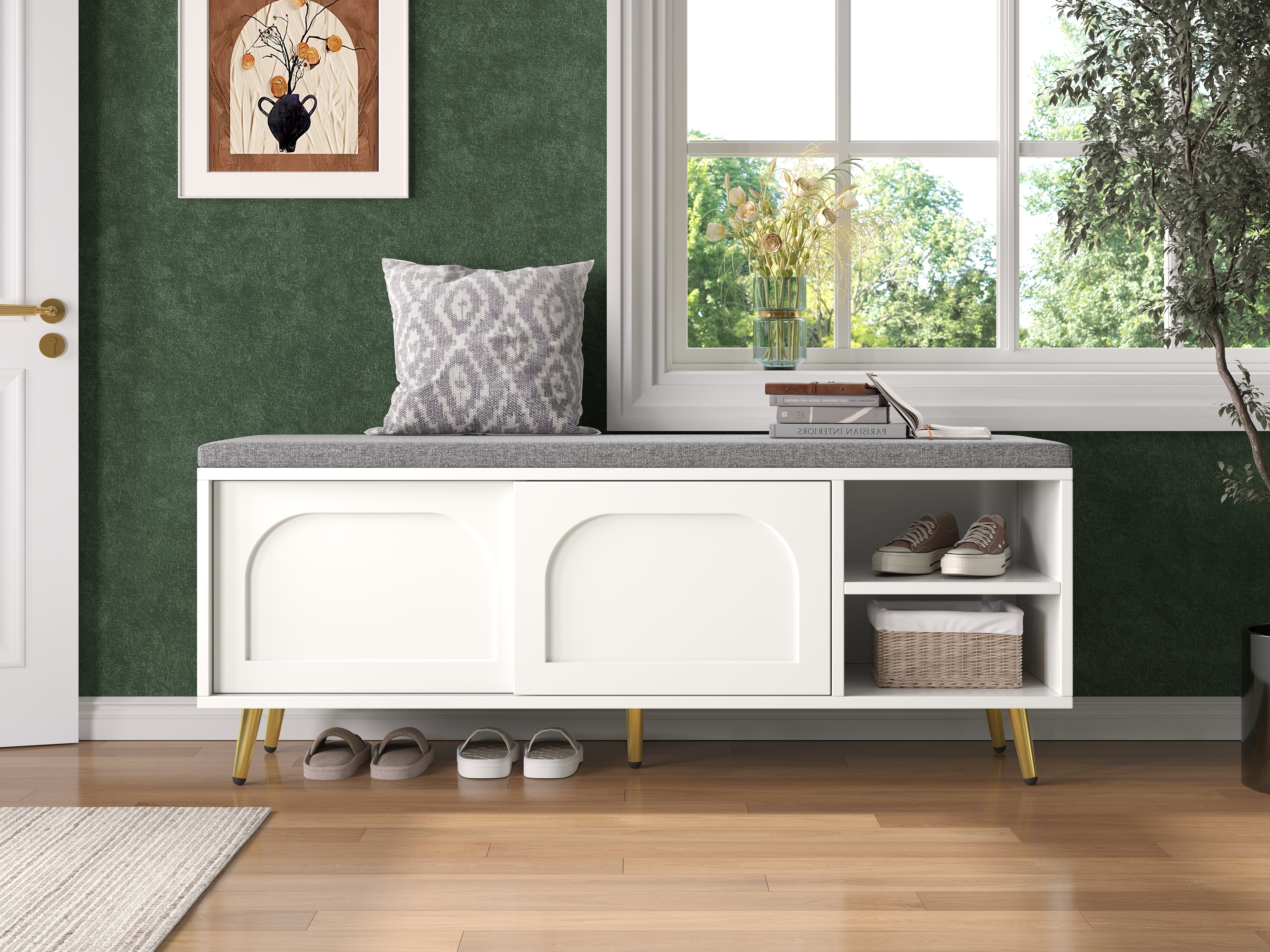 Shoe Bench with Shoe Rack, Seat Cushion, Storage Cabinet, White