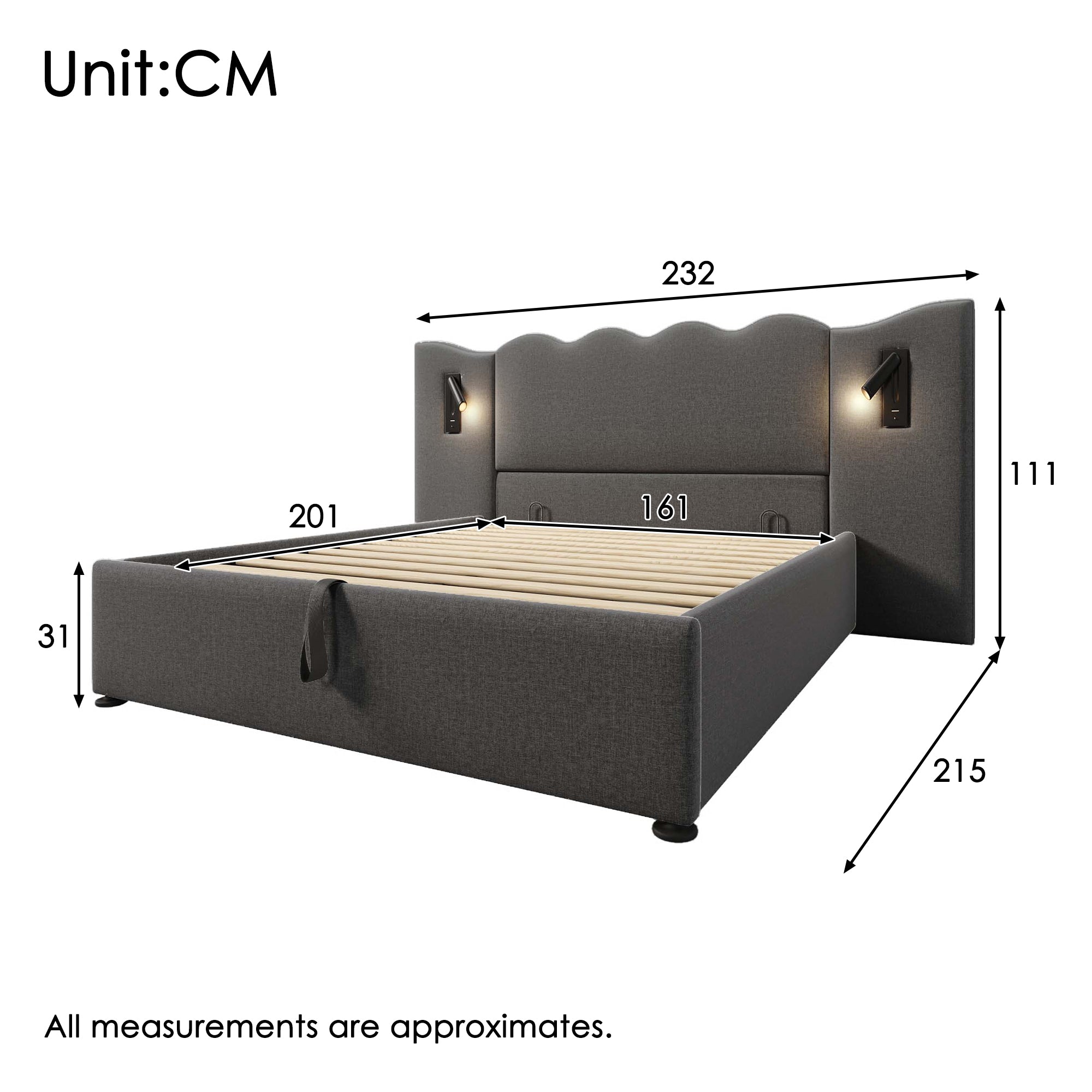 Upholstered Double Bed, 160×200, Reading Lamp, USB Type-C, Storage, Solid Wood & Metal, Grey Linen