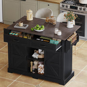 Kitchen Island with Fold-Down Worktop and Sliding Barn Doors, Black