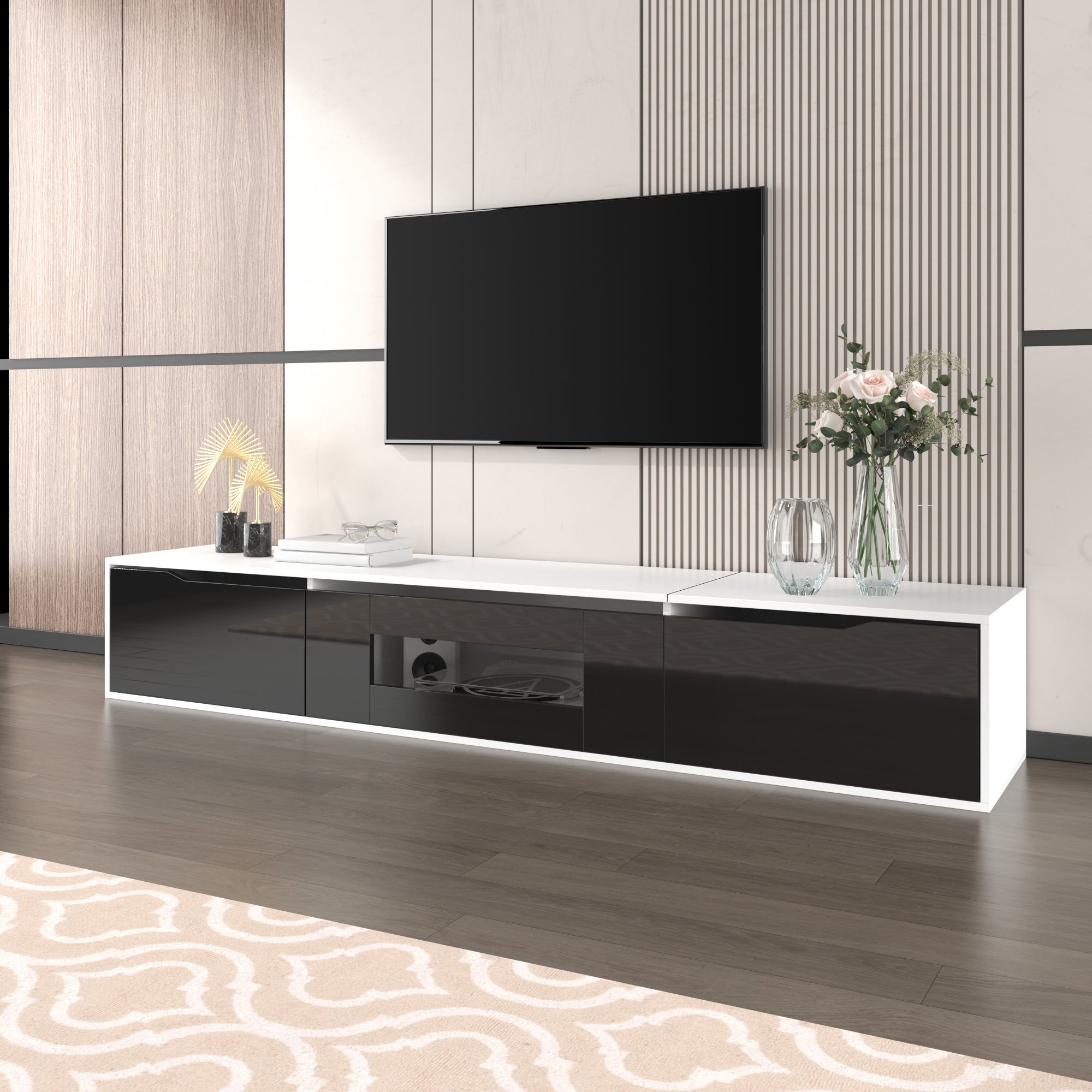 TV cabinet, high-gloss, white and black, with color-changing LED lights