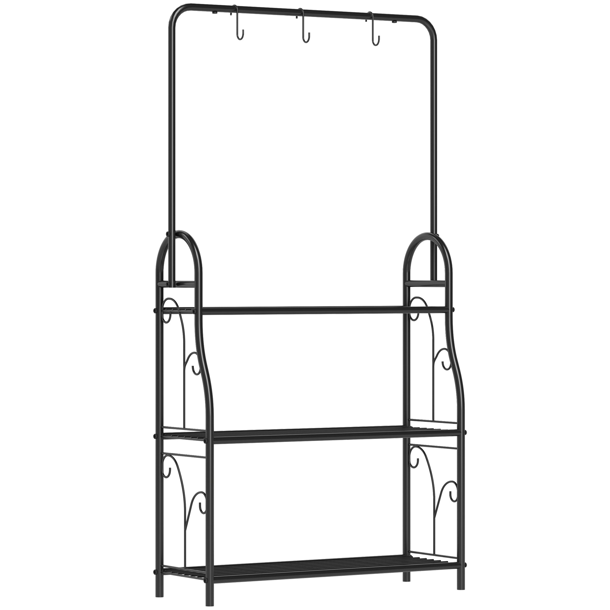 3-Tier Plant Stand, Hanging Rod Hooks 137cm High, Metal Black