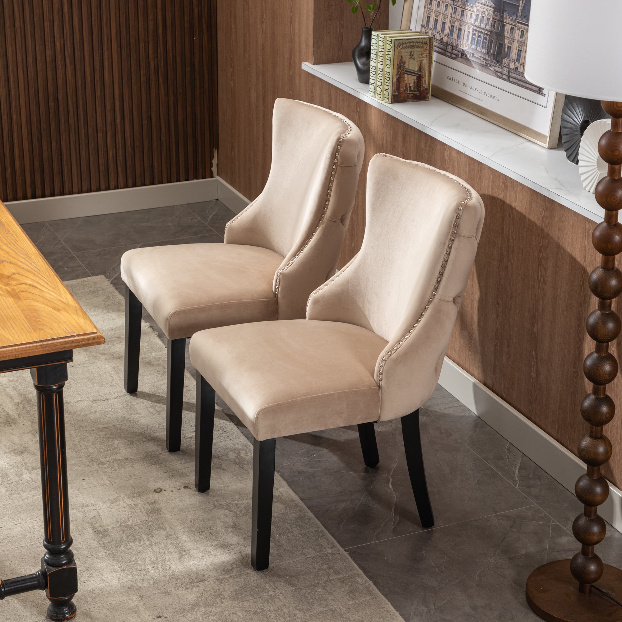 Classic chair (set of 2), dining with button stitching, solid wood frame, beige