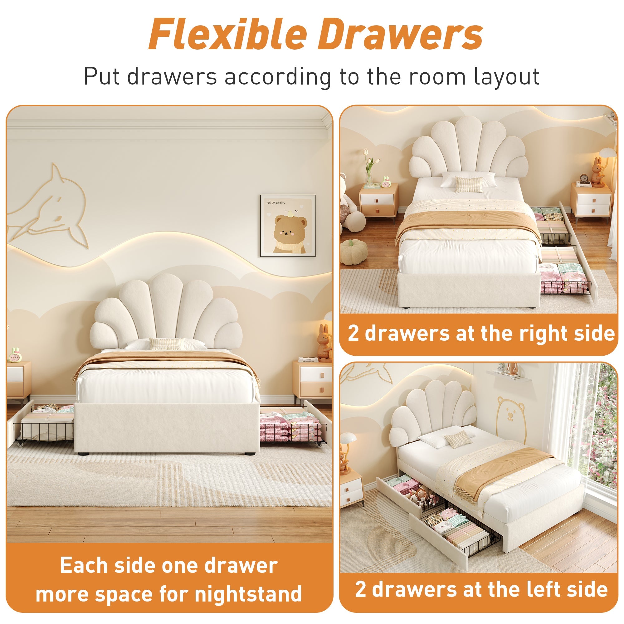 3ft Single Upholstered Bed with Adjustable Chic Petal Headboard and 2 Storage Drawers, Beige Velvet