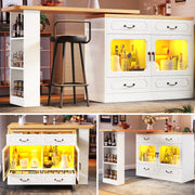 Bar Table Kitchen Island Extendable 360° Rotatable LED Storage White