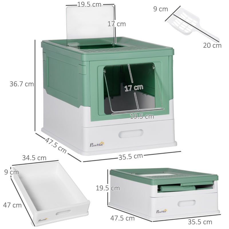 Hooded Cat Litter Box, Portable, with Scoop, Front Entry - Green
