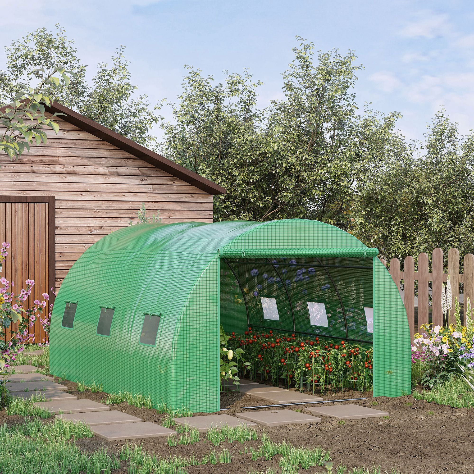 Walk-in Polytunnel Greenhouse, 4 x 3M with Zipped Roll-Up Door and 6 Mesh Windows, Tent
