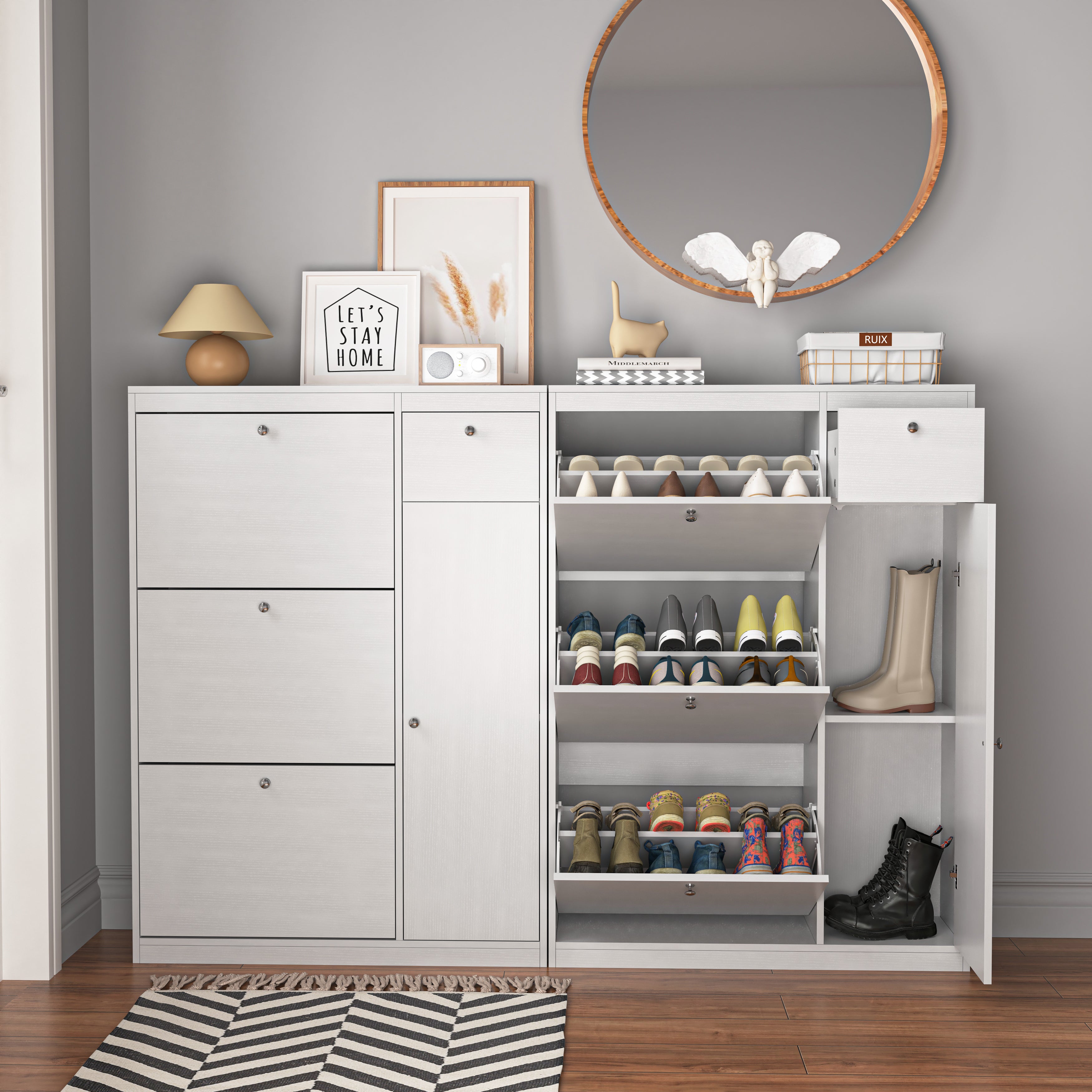 Shoe Cabinet with Tilting Function and 3 Fold-Down Drawers, Particleboard