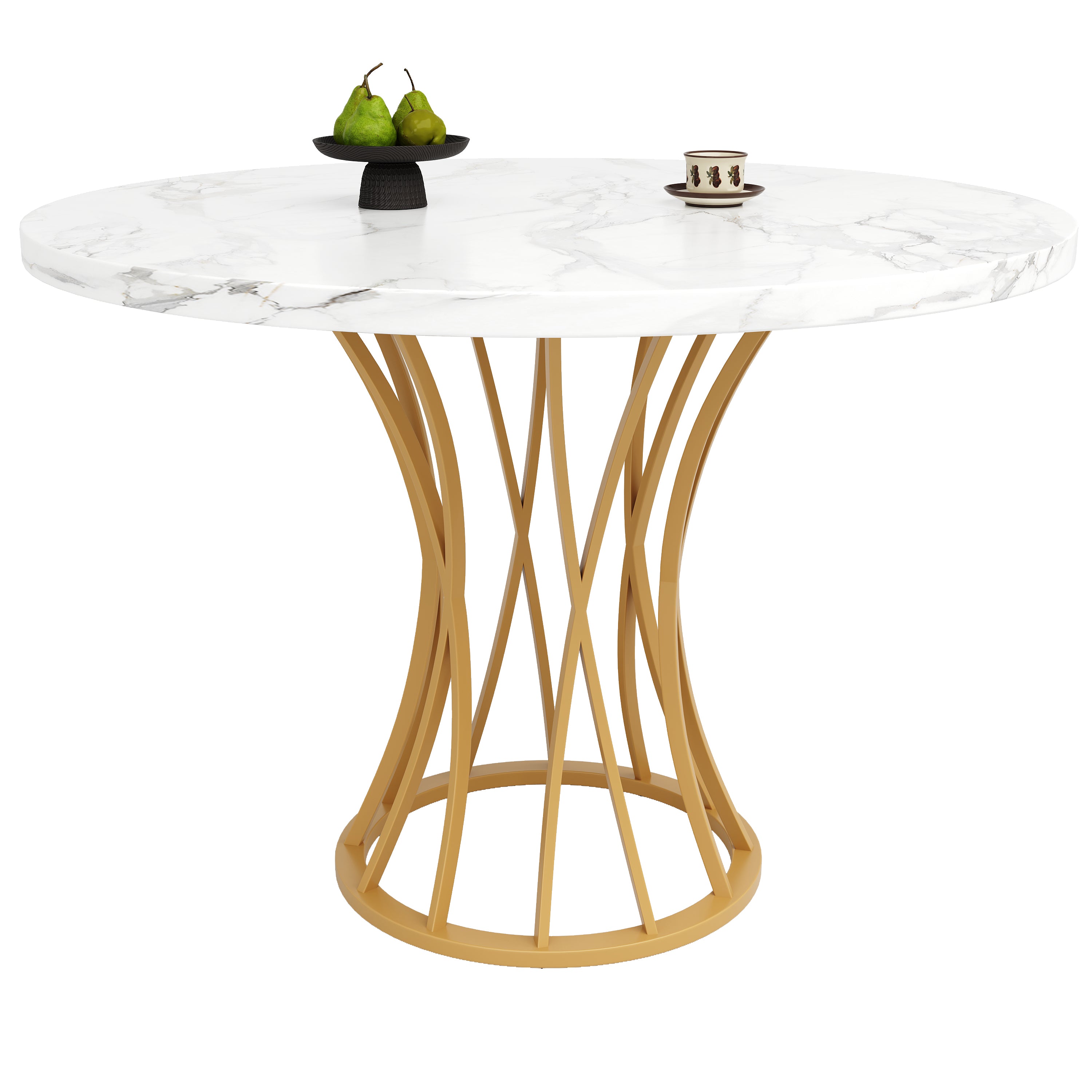 Dining Table Set 5-Piece Round 80cm White Marble Top Gold Legs Grey Velvet