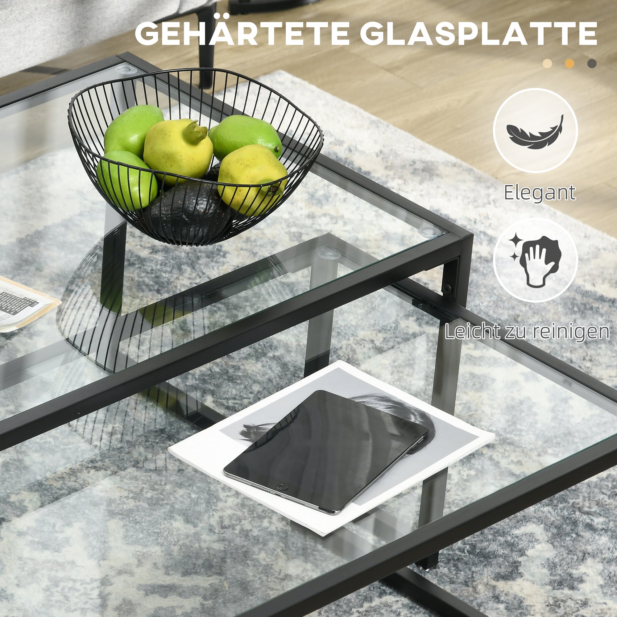 Coffee Table Set of 2 Nesting Side Table Glass Black Steel