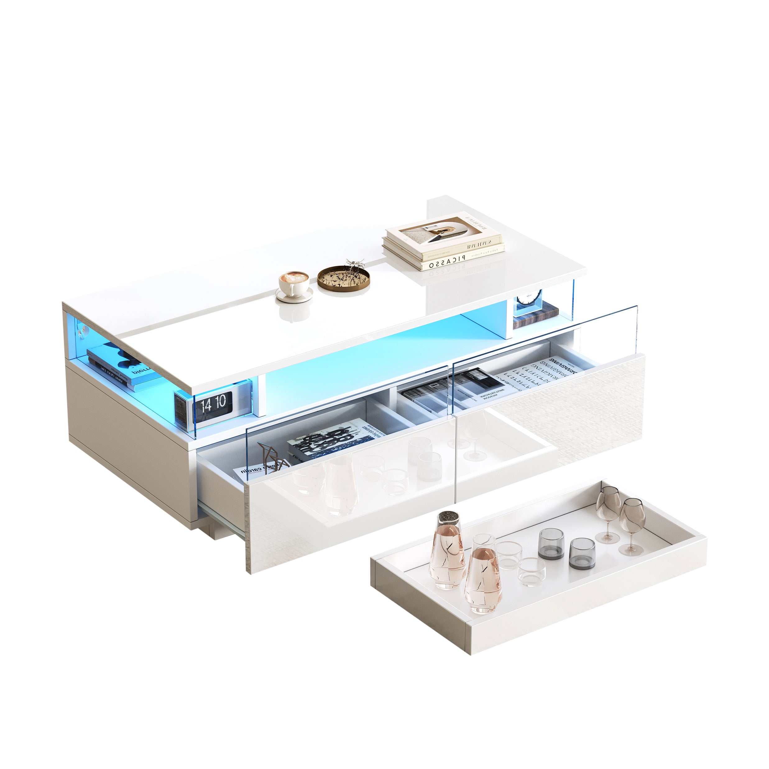 Coffee Table with Tray, 90 x 45 x 35.5 cm, 2 Drawers, Tempered Glass, LED Light, White