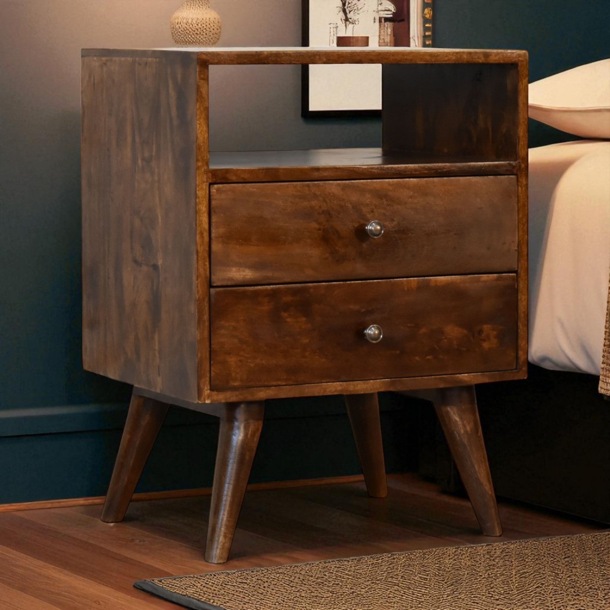 Solid Wood Classic Chestnut Bedside 2 Drawers Open Slot Dark Brown