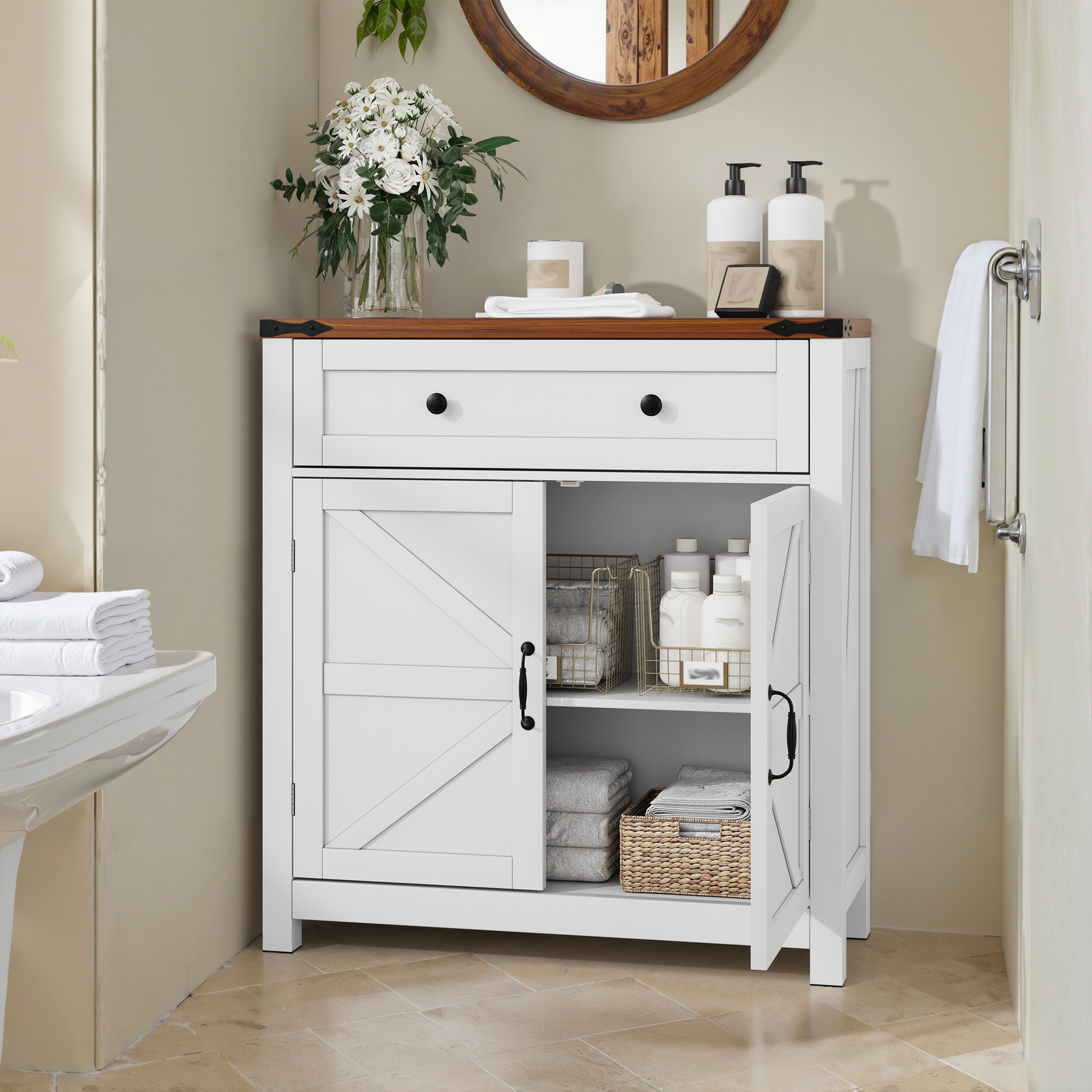 Farmhouse Storage Cabinets with Drawers and Adjustable Shelves, White with Walnut Countertops