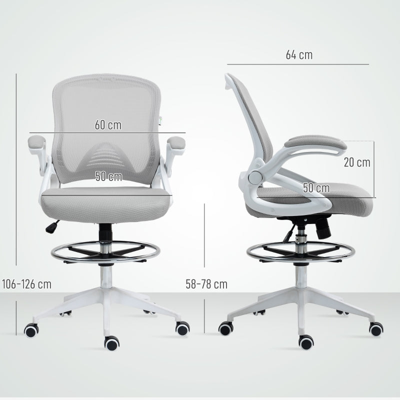 Drafting Chair, Flip-up Armrest Swivel Height Adjustable Mesh Office Stool, Light Grey