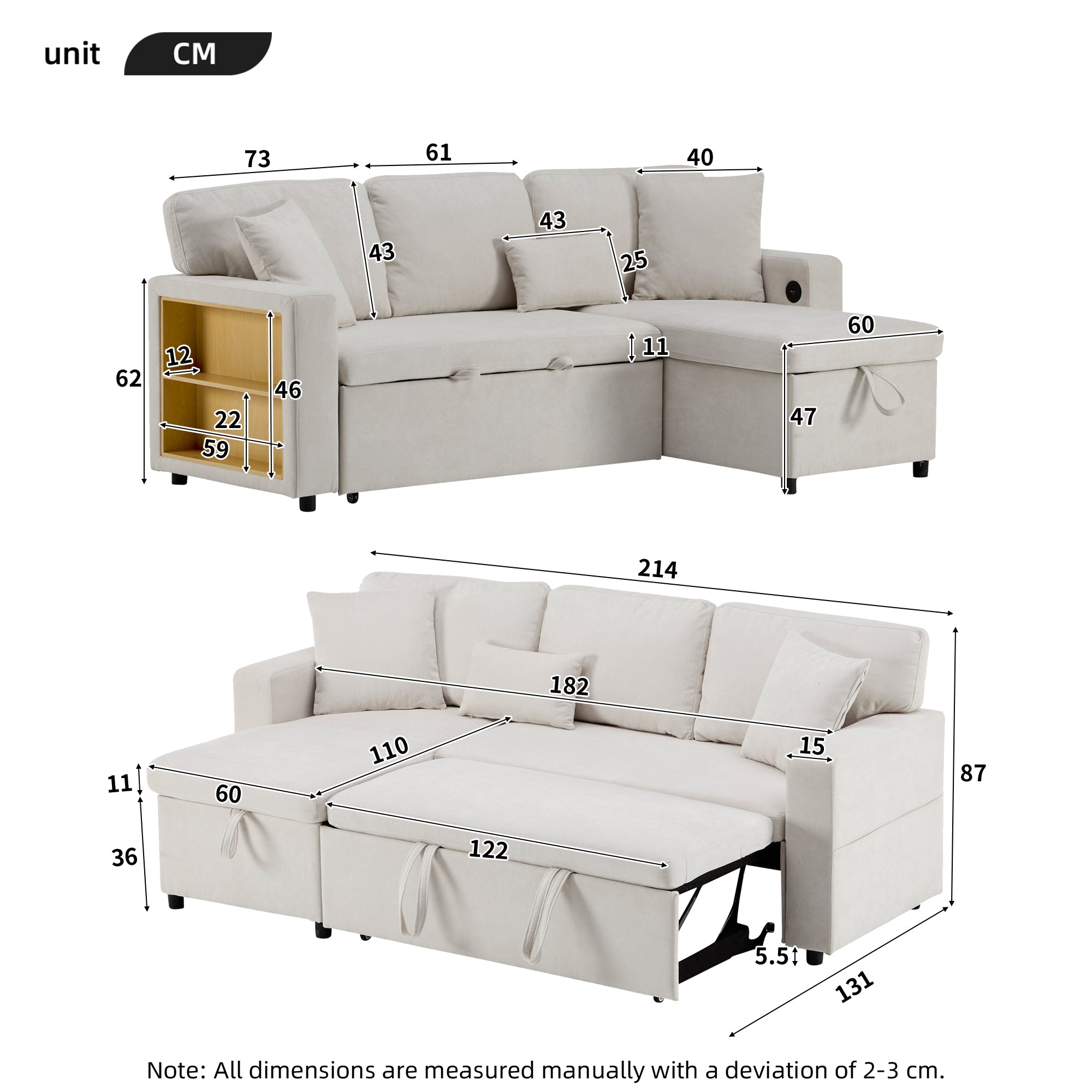 Corner Sofa Bed L-Shaped Extendable with Storage, Beige