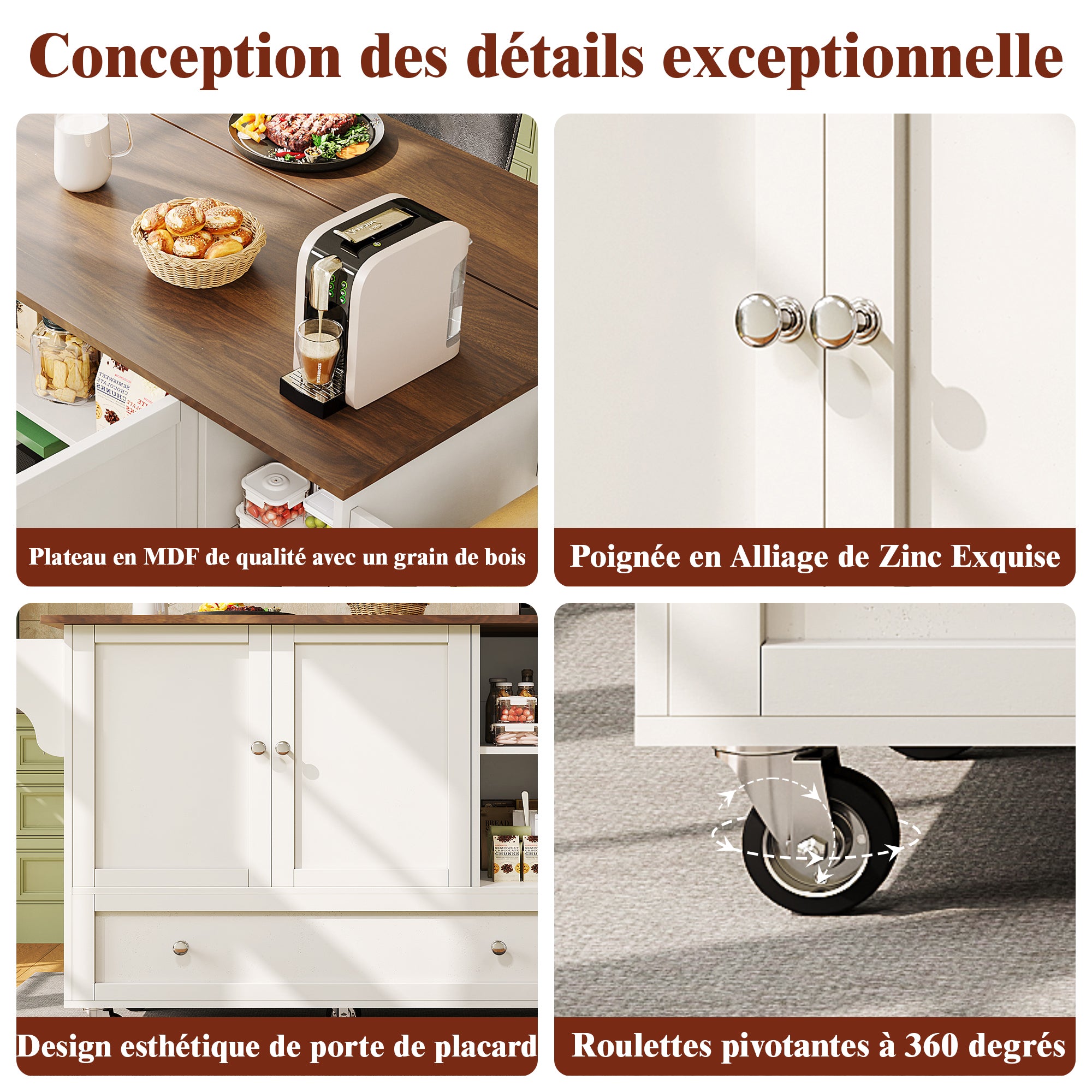 Kitchen Trolley, Removable Dining with Open Storage & Towel Rail, White Wood Grain