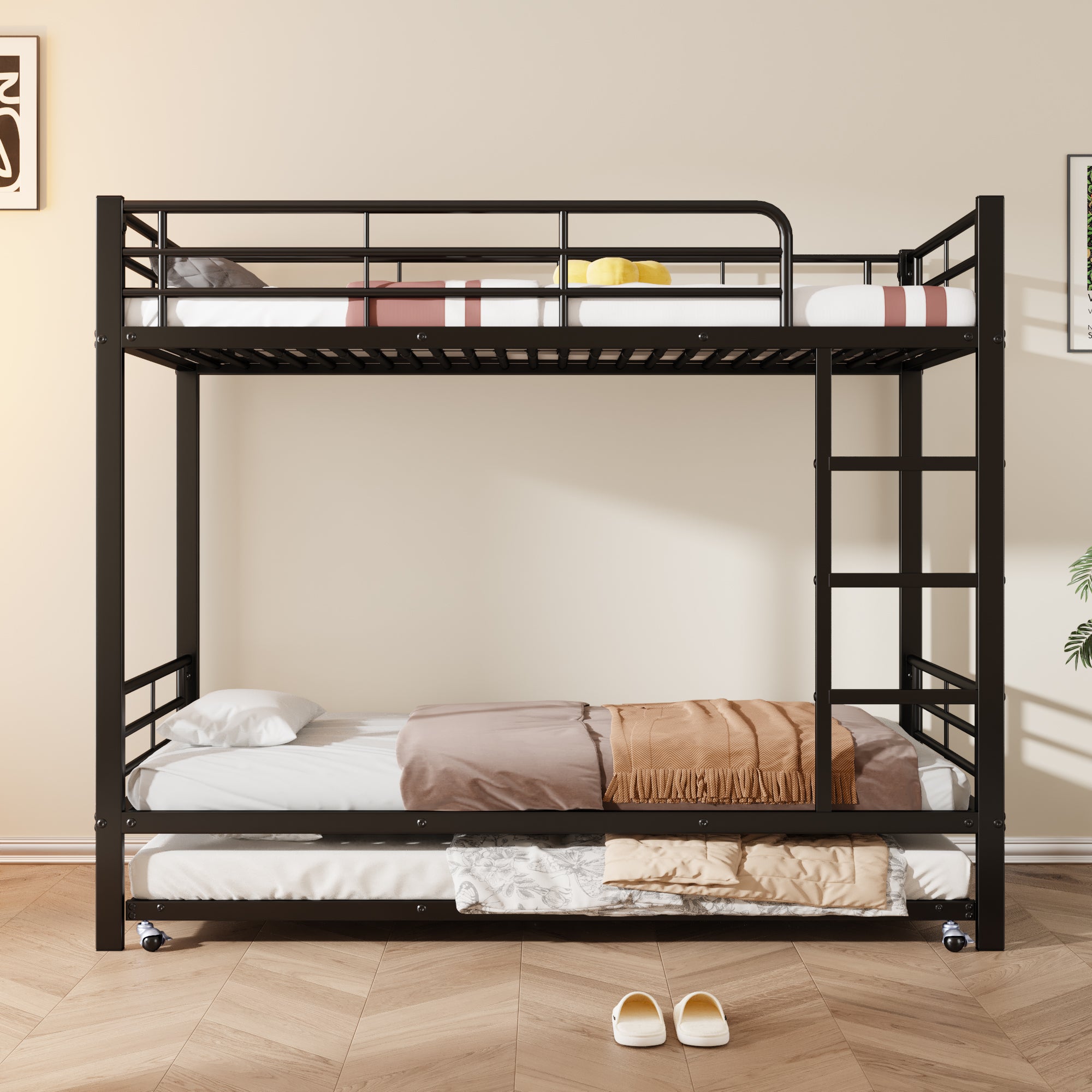 Iron Bunk Bed Pull-out Bed 4 Side Rails 90x200cm & 90x190cm, Black Metal