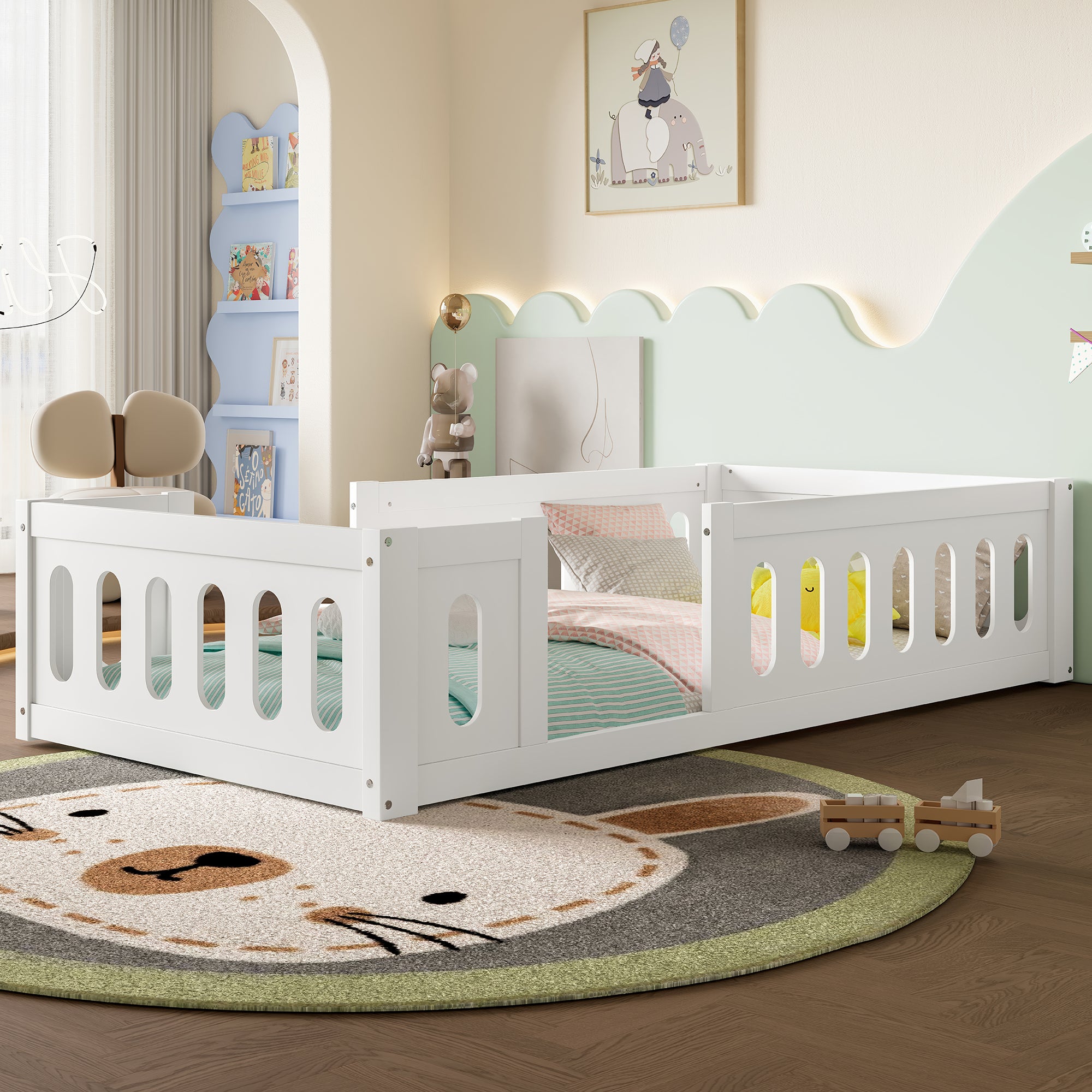 Wooden Platform Bed 90x200 with Railing, White