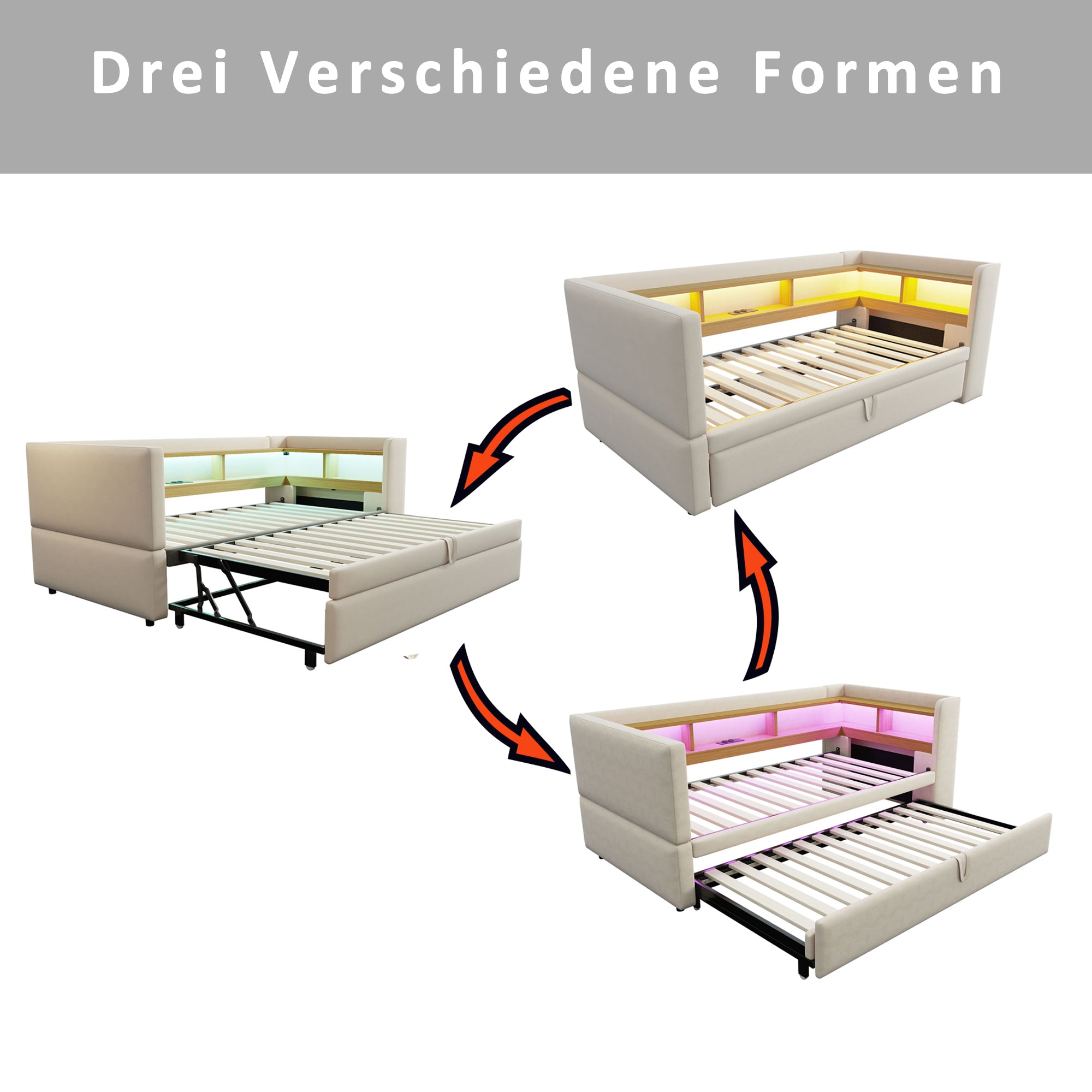 Upholstered Bed, Pull-Out Sofa Bed 90/180*190cm with LED Lights, Sockets & Storage - Beige