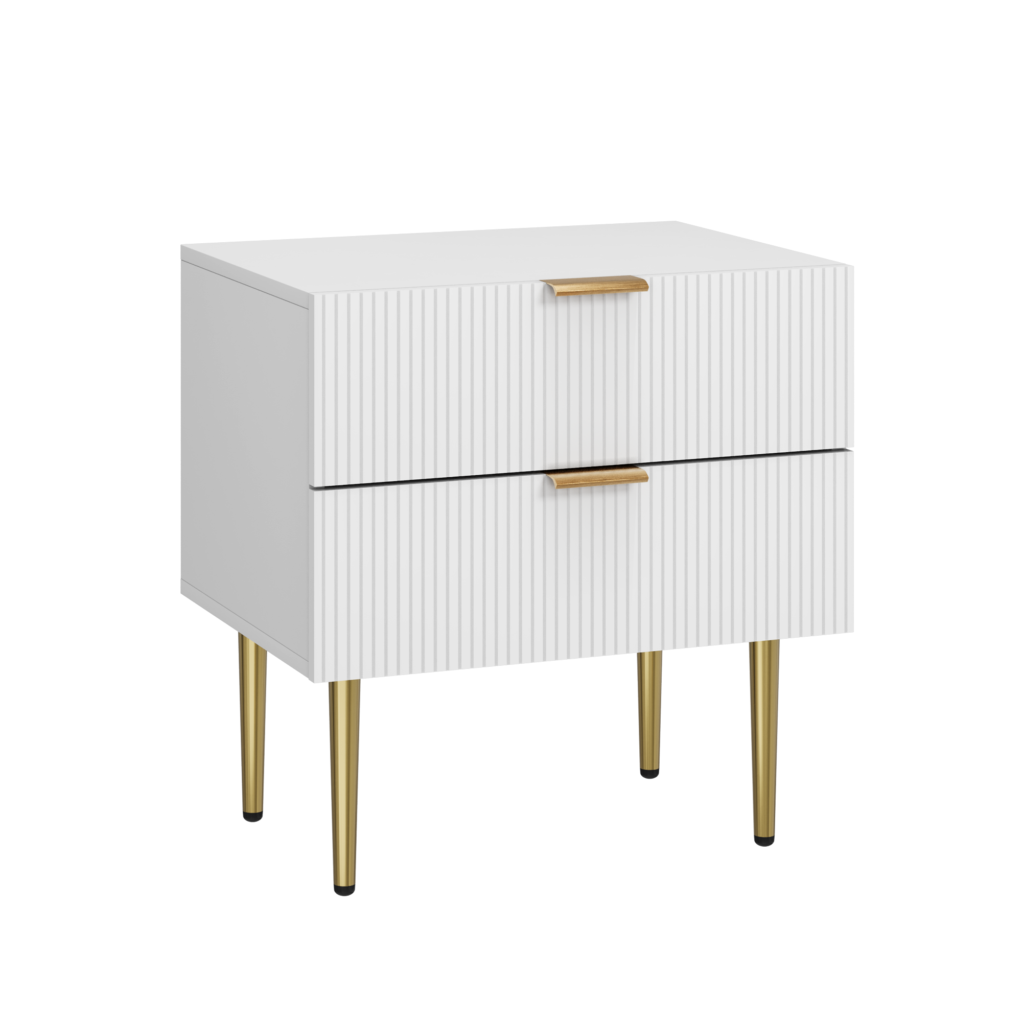 Bedside Table, Wave Pattern, 2 Drawers, Modern, White with Metal Legs