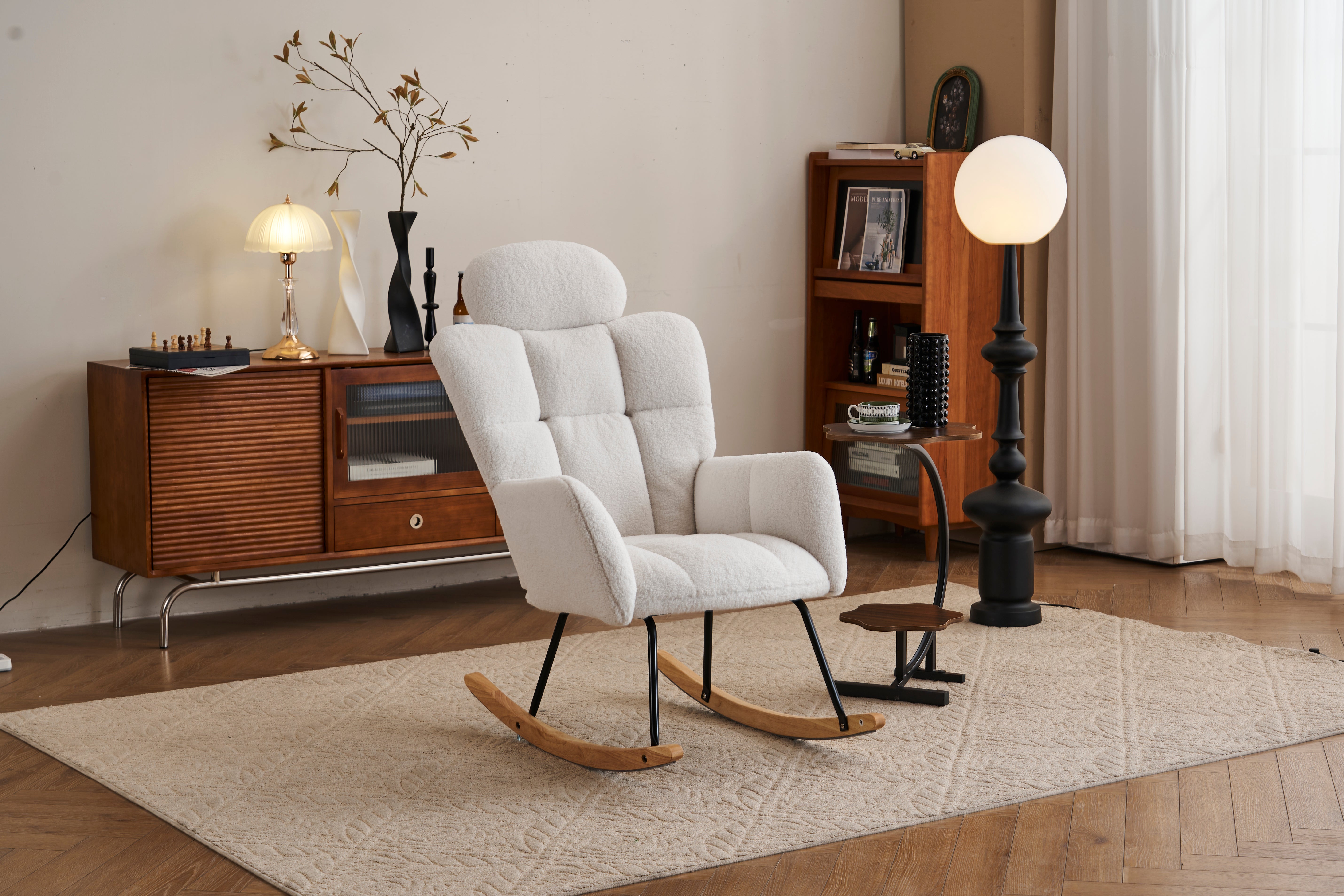 055 Rocking Chair, Tufted Upholstered Seat, White
