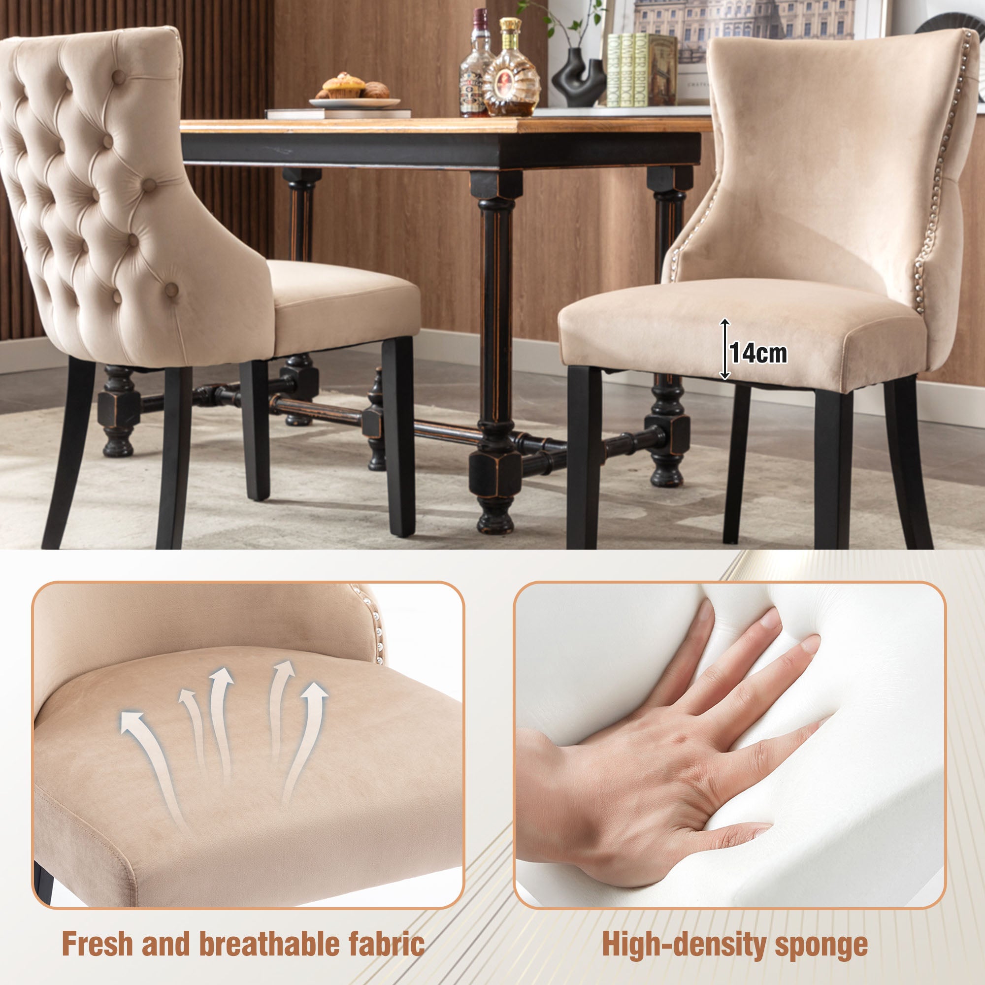 Classic chair (set of 2), dining with button stitching, solid wood frame, beige