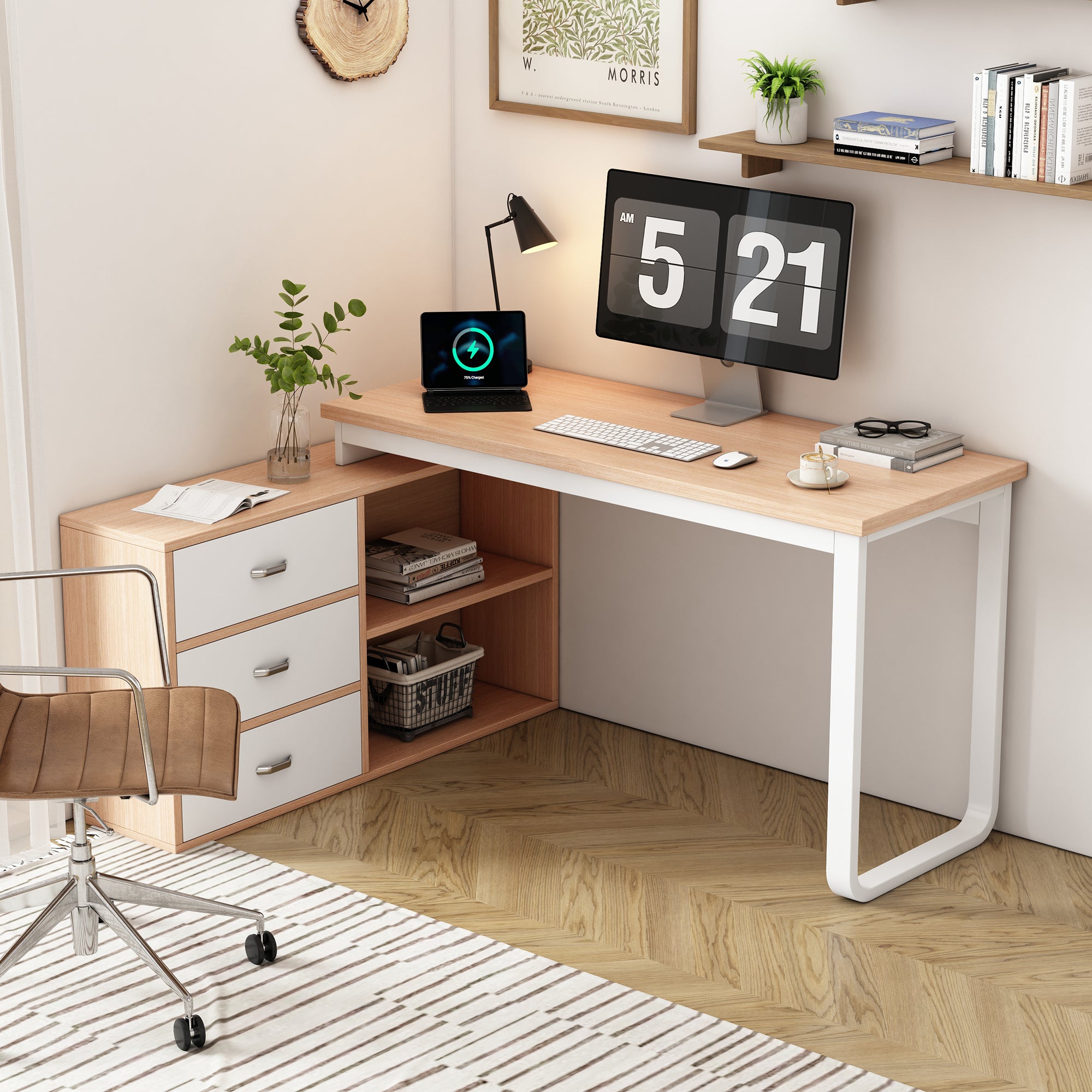 Simple Desk/Office Desk, Three Drawers, Two Open Storage, Natural