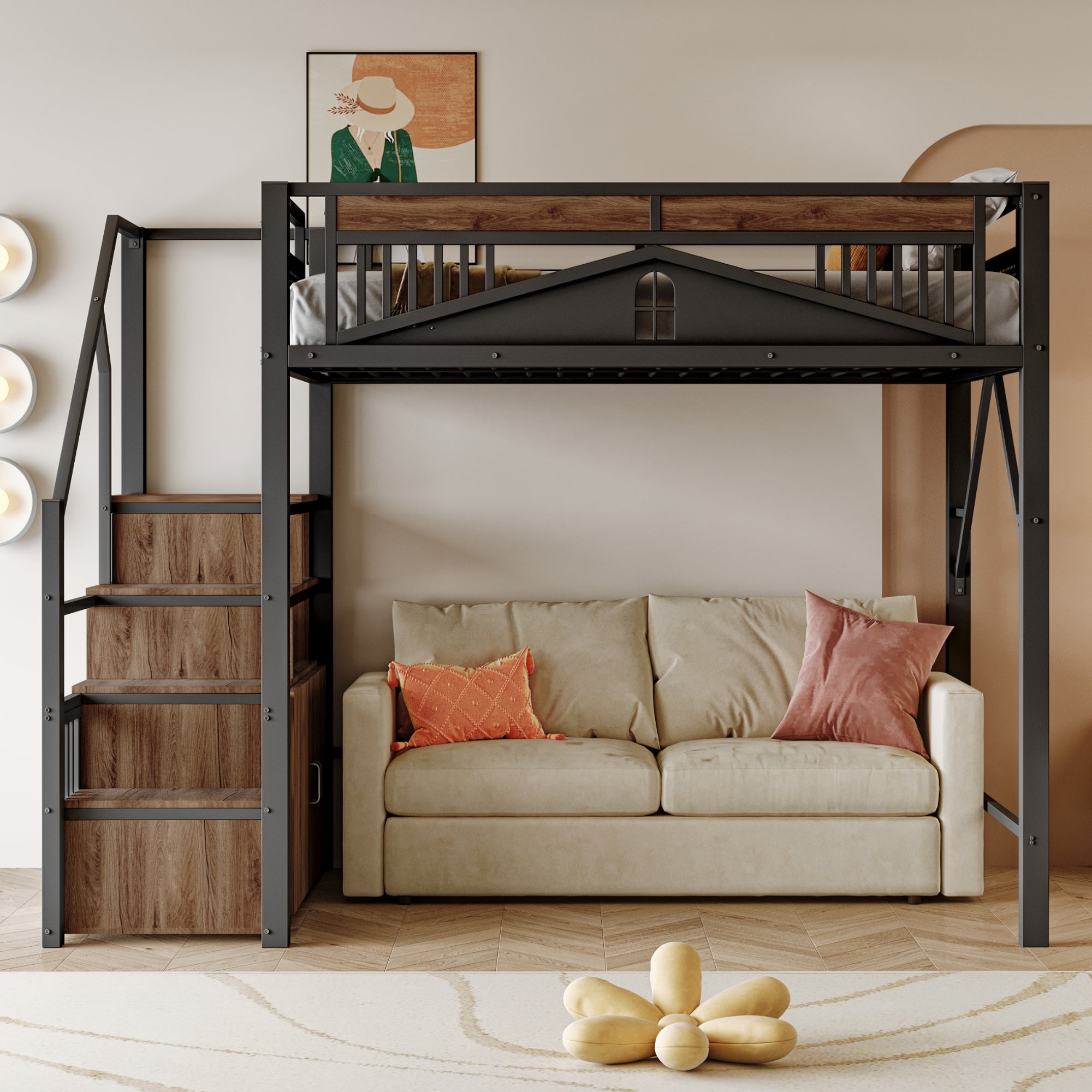 Metal Loft Bed with Safety Enclosure, Window, & Ladder, 140x200cm, Black