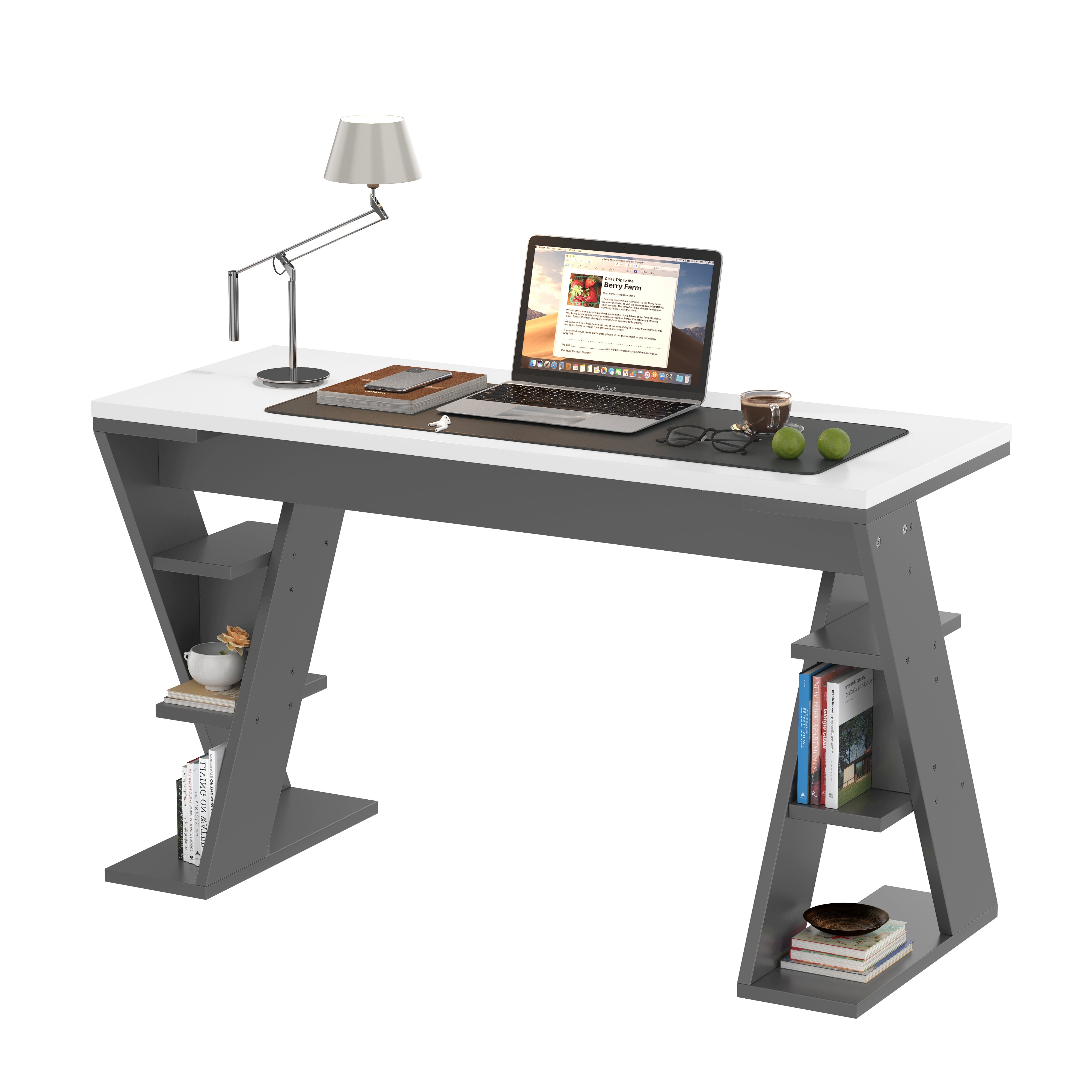 Simple Desk with X-Shaped Bracket and Storage Shelf, Grey and White