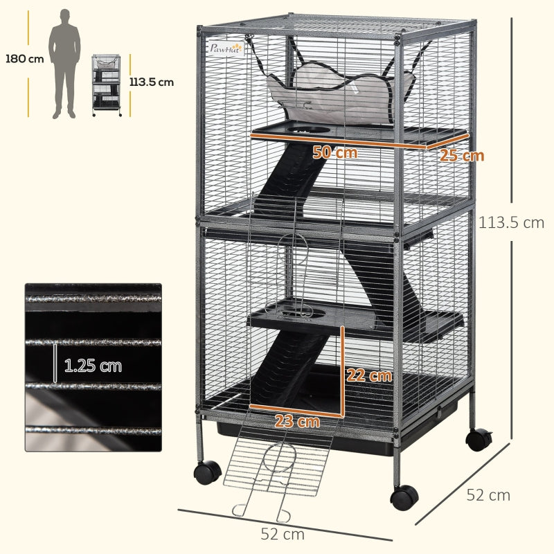 Small Animal Cage with Wheels, Hammock, 4 Platforms, Removable Tray, Silver