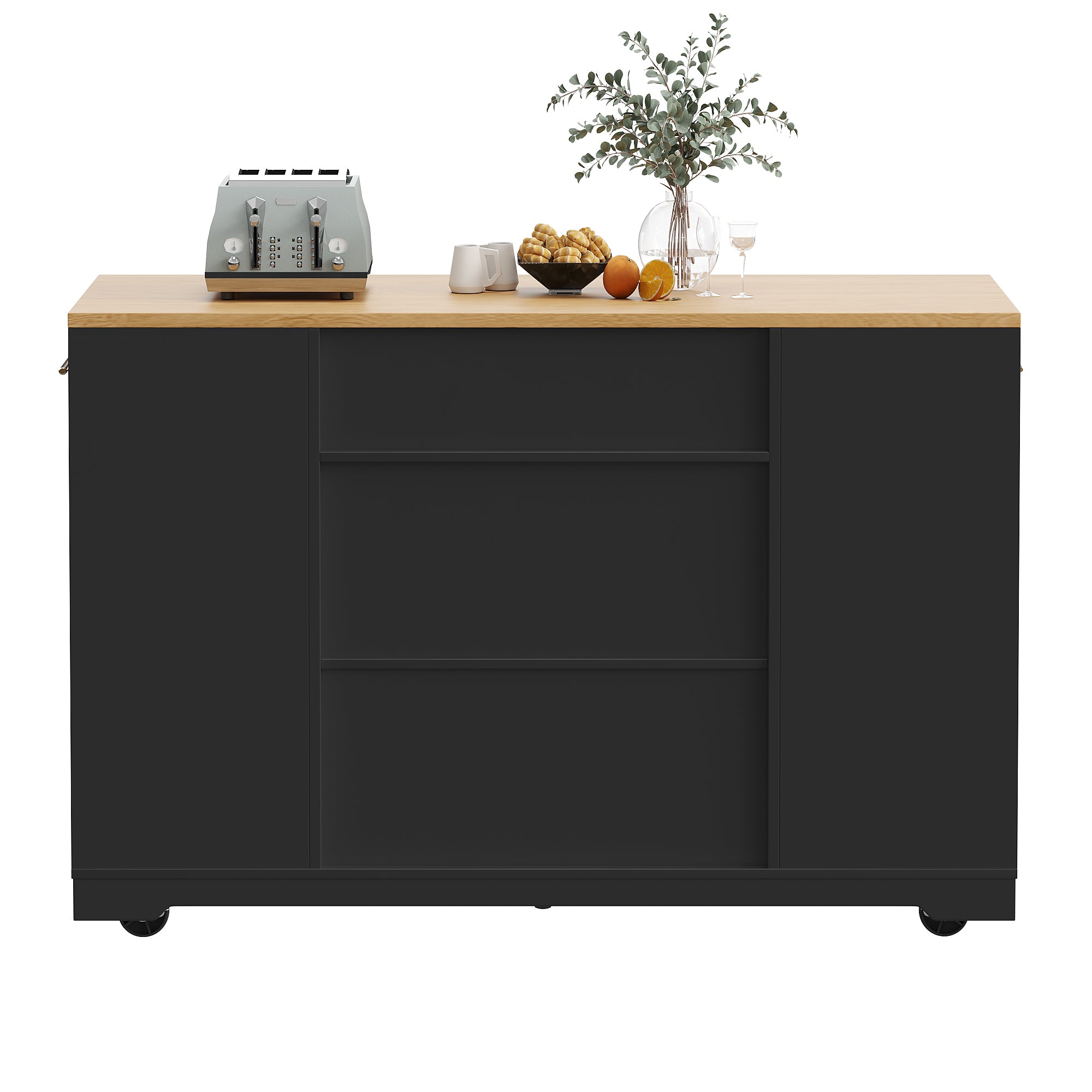 Kitchen Island with Waste Bin Compartment, 2 Doors & 3 Drawers, Black Wood Grain
