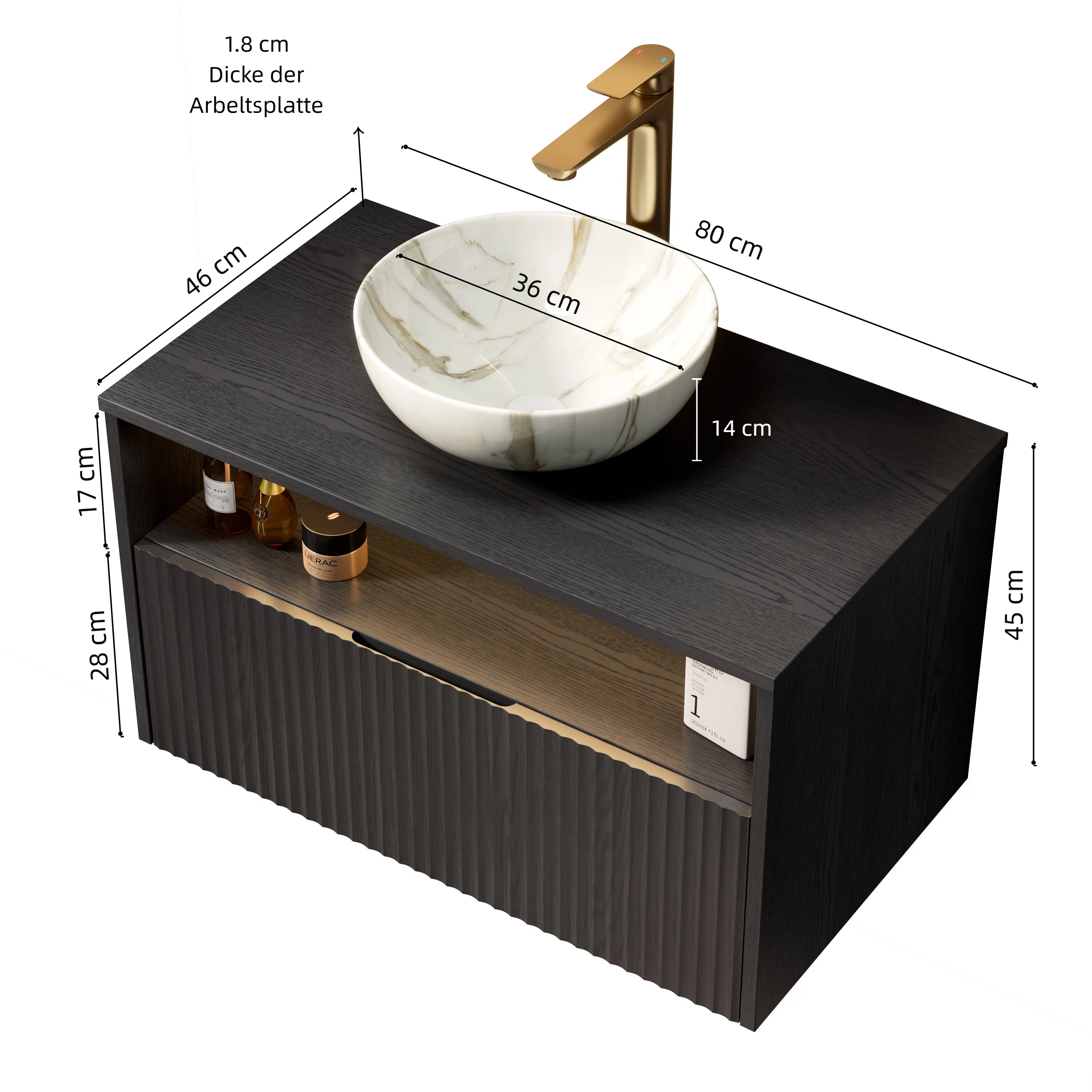 Floating Bathroom Vanity with Ceramic Basin and Sensor Light, 80cm Plywood, Black
