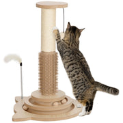 Cat Scratching Post, 49cm 5-in-1 Sisal Post, Track Ball, Self Grooming Brush, Hanging Toy Ball, Feather, Oak Tone